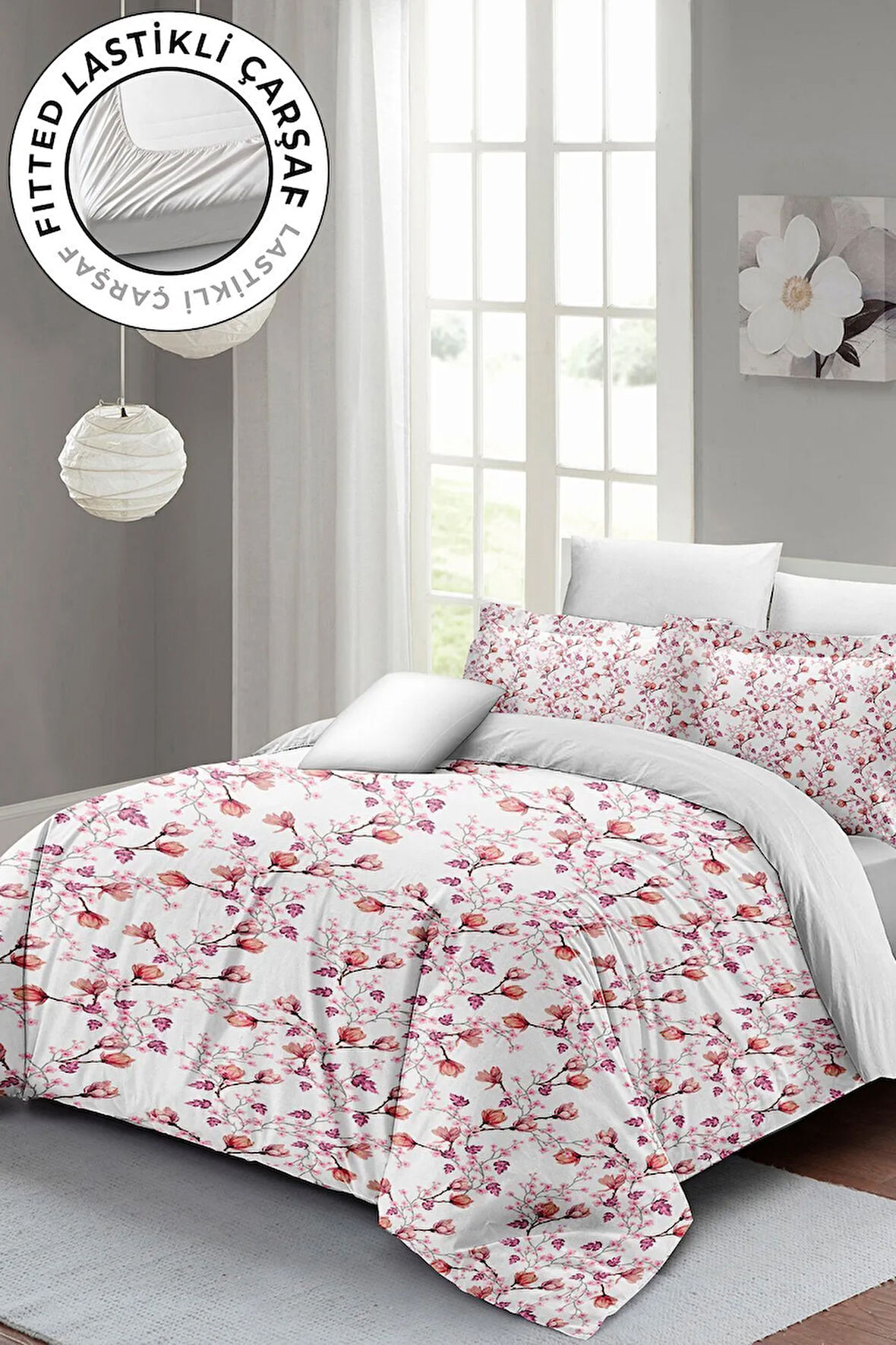 Lastikli Çarşaflı %100 Pamuk Saten Çift Kişilik Nevresim Takımı Cherry Blossom Luxury