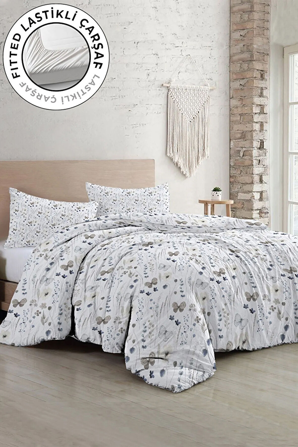 Lastikli Çarşaflı %100 Pamuk Saten Çift Kişilik Nevresim Takımı Butterfly Flower Luxury