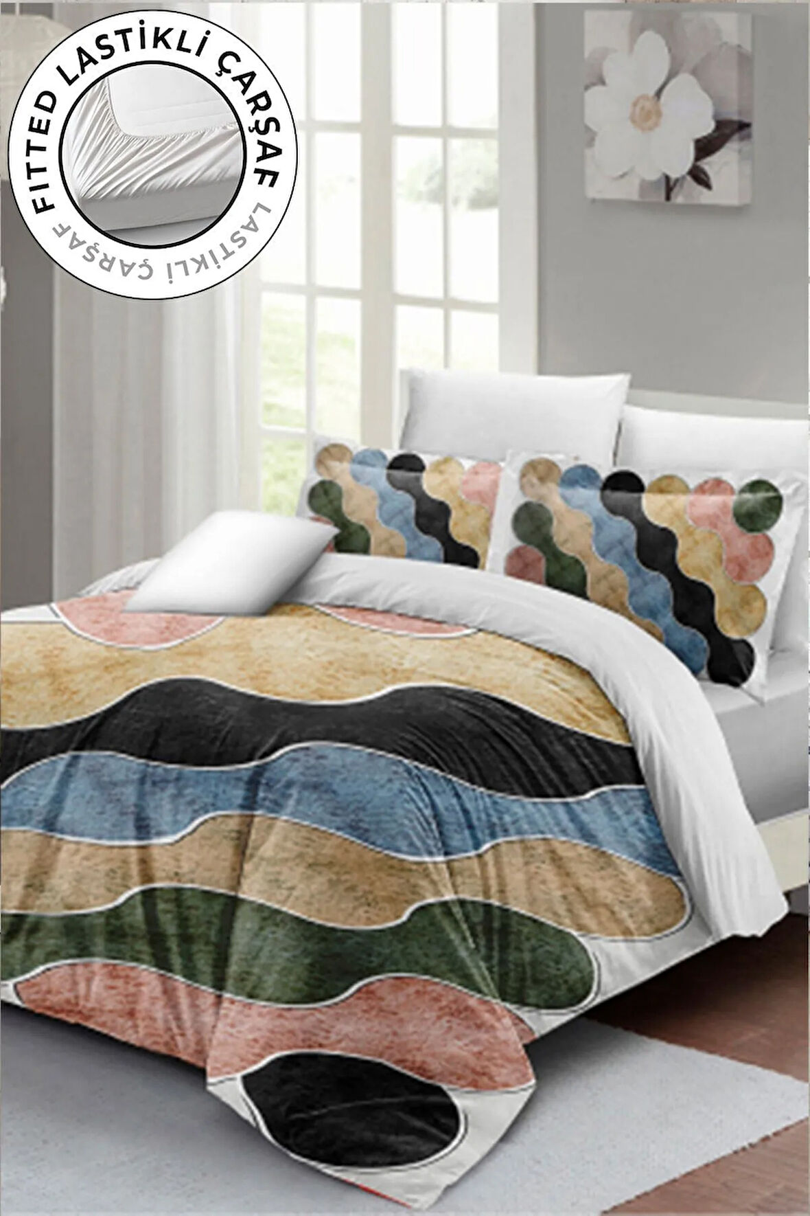 Lastikli Çarşaflı %100 Pamuk Saten Çift Kişilik Nevresim Takımı Row Colors