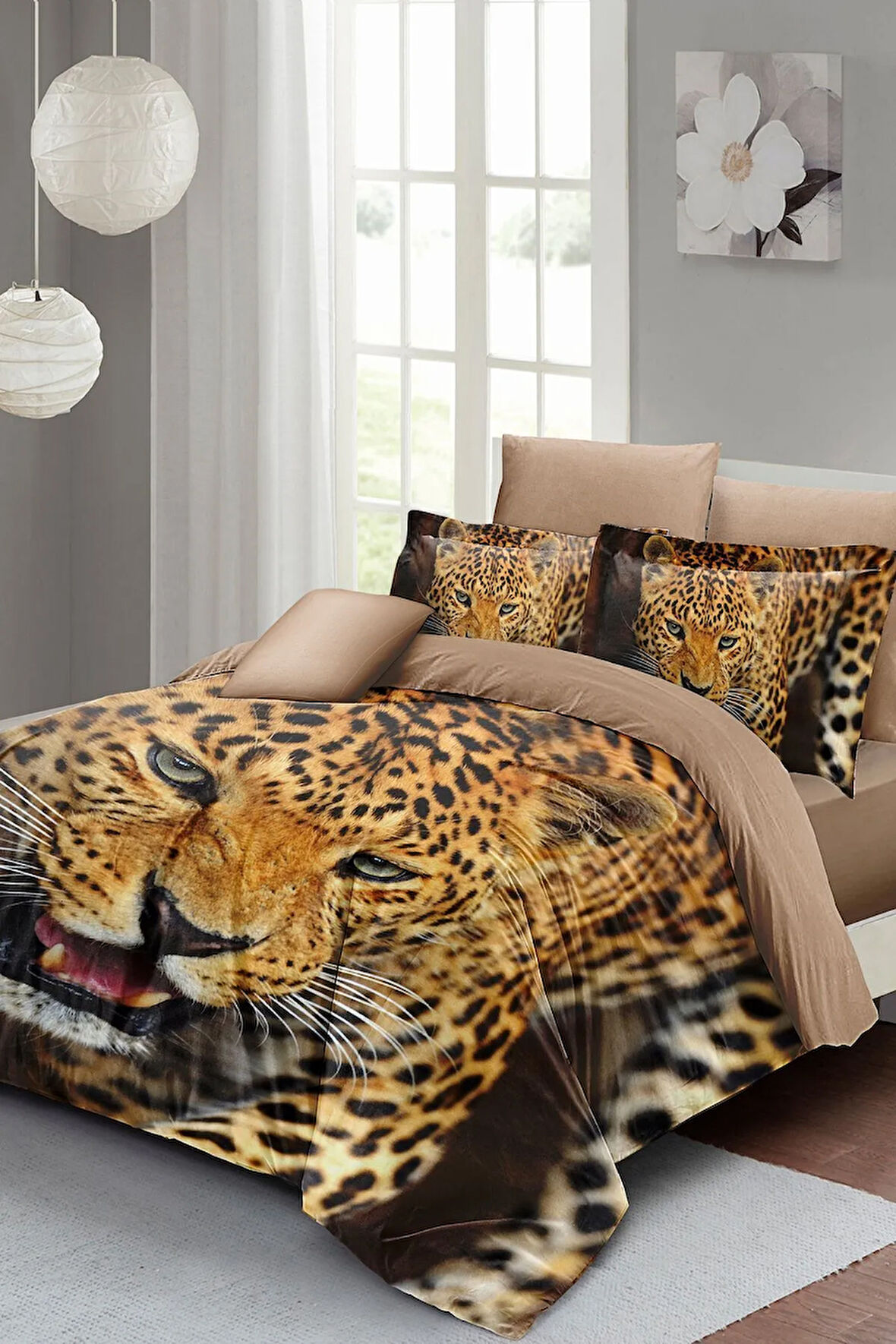 Lastikli Çarşaflı %100 Pamuk Saten Çift Kişilik Nevresim Takımı Wild Tiger