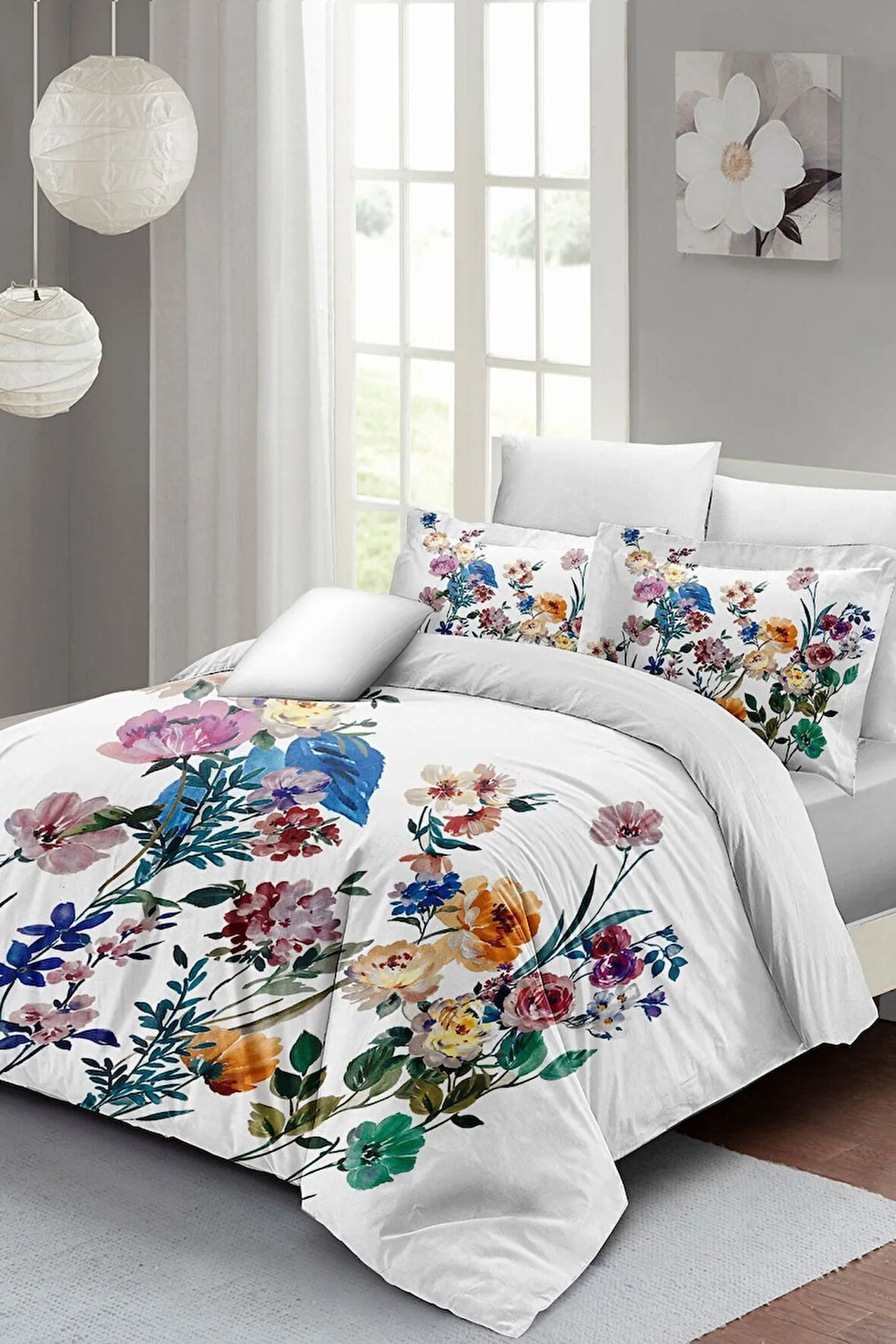 Lastikli Çarşaflı %100 Pamuk Saten Çift Kişilik Nevresim Takımı Flower Mix