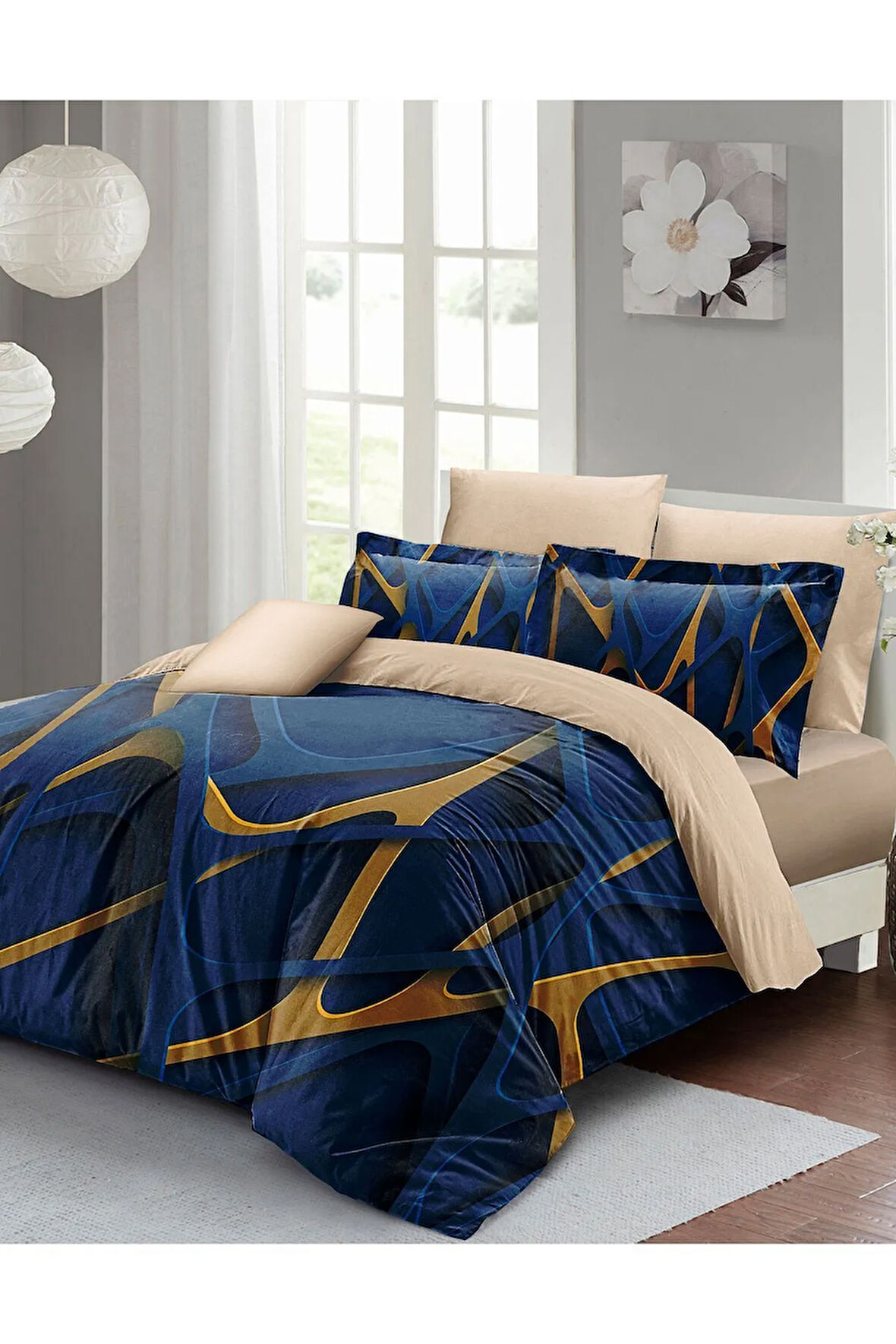 Lastikli Çarşaflı %100 Pamuk Saten Çift Kişilik Nevresim Takımı Blue Brown