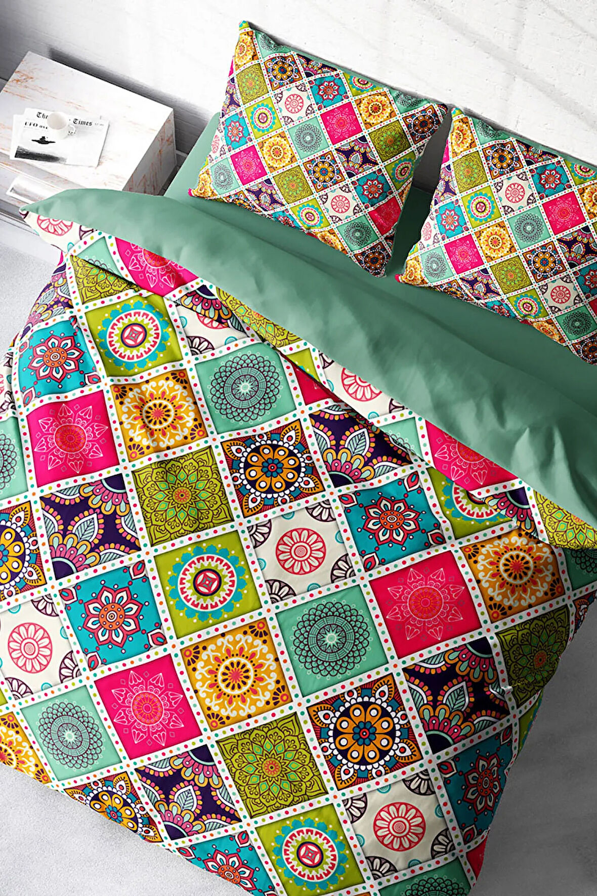 Lastikli Çarşaflı %100 Pamuk Saten Çift Kişilik Nevresim Takımı Strip Motif