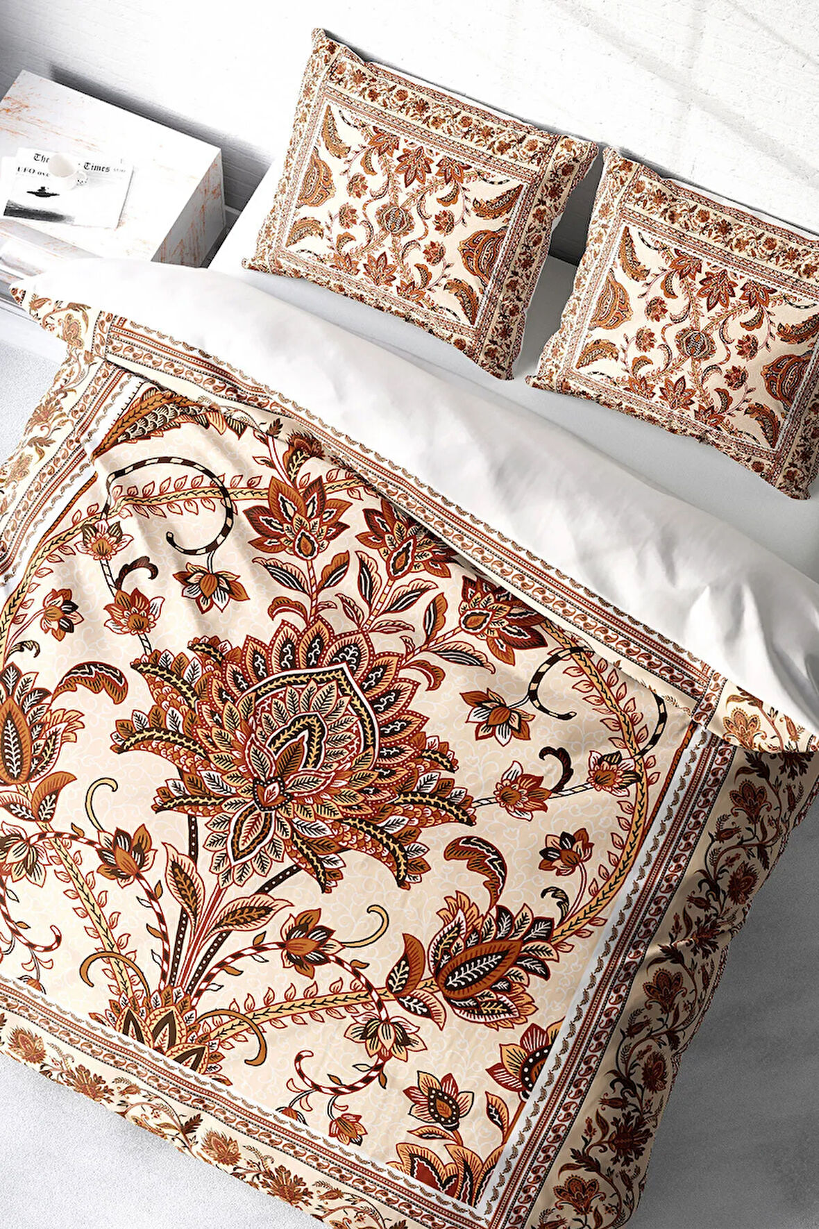 Lastikli Çarşaflı %100 Pamuk Saten Çift Kişilik Nevresim Takımı Brown Figure