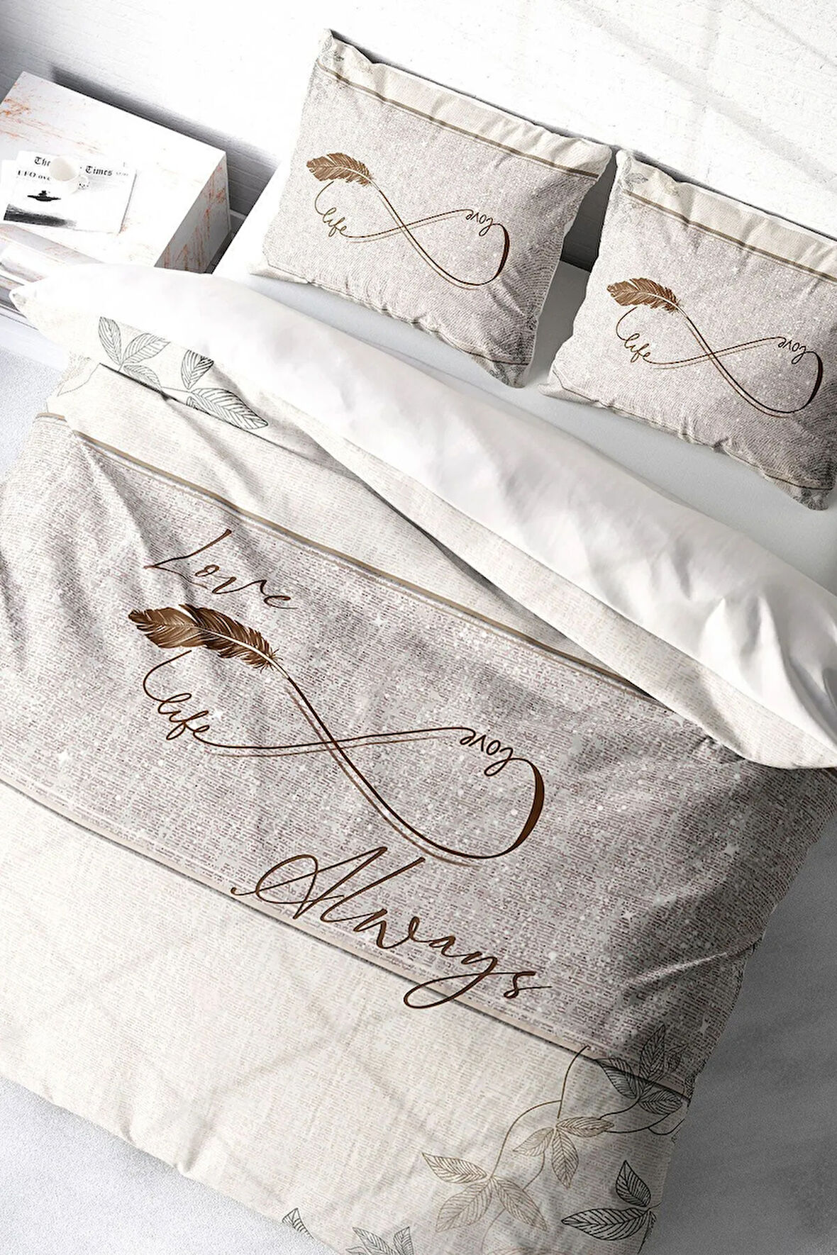 Lastikli Çarşaflı %100 Pamuk Saten Çift Kişilik Nevresim Takımı Sonsuzluk