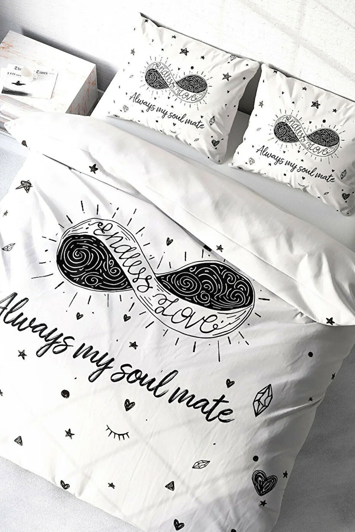 Lastikli Çarşaflı %100 Pamuk Saten Çift Kişilik Nevresim Takımı Soul Mate