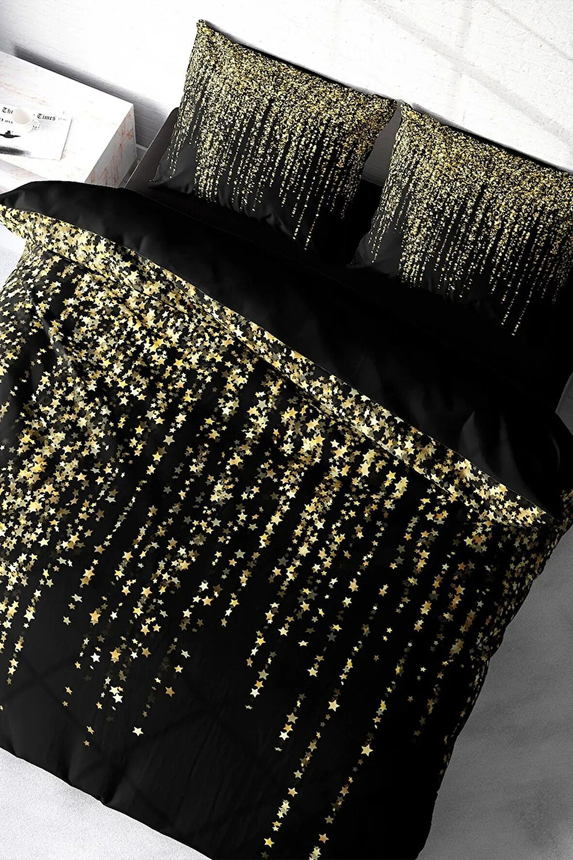 Lastikli Çarşaflı %100 Pamuk Saten Çift Kişilik Nevresim Takımı Yıldızlı Gece