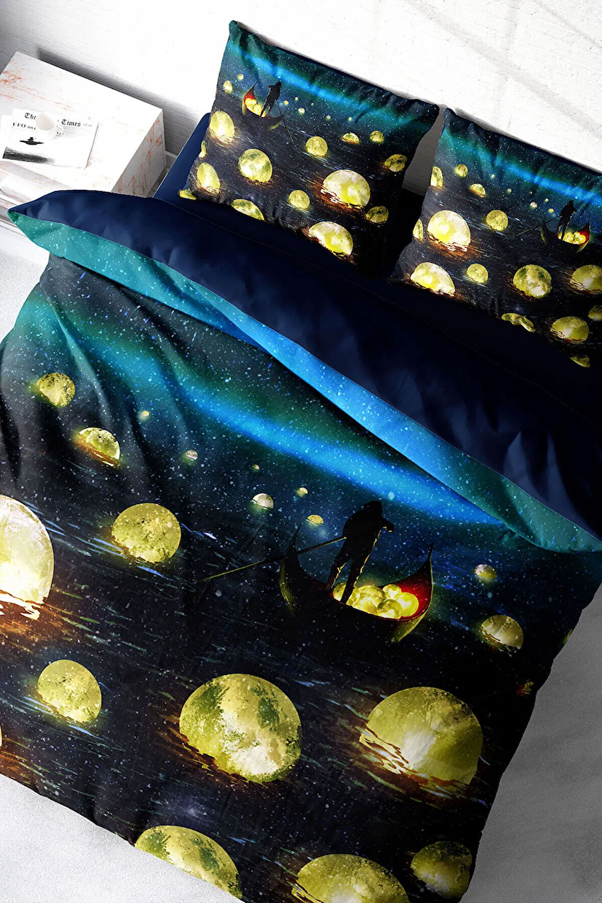 Lastikli Çarşaflı %100 Pamuk Saten Çift Kişilik Nevresim Takımı Moon River