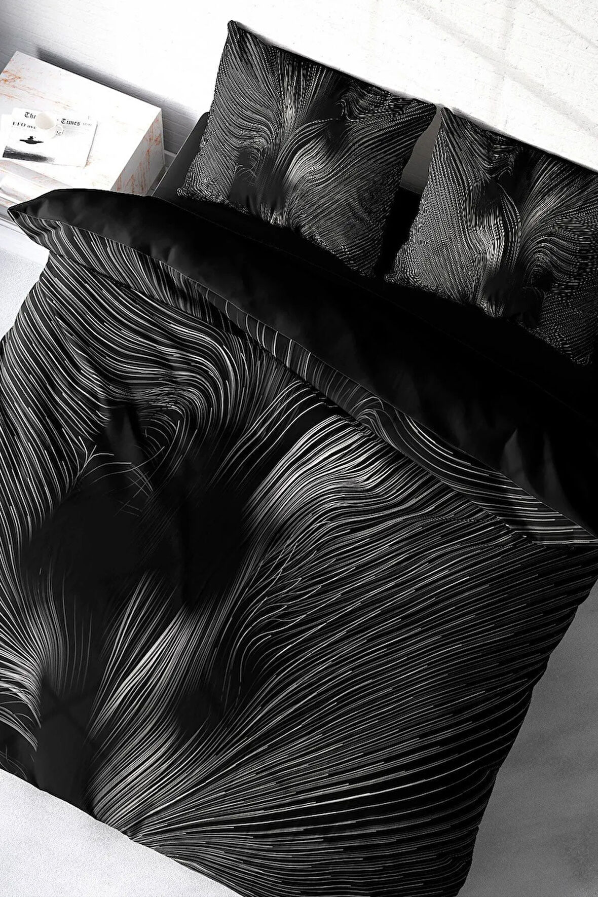 Lastikli Çarşaflı %100 Pamuk Saten Çift Kişilik Nevresim Takımı Gray Motion