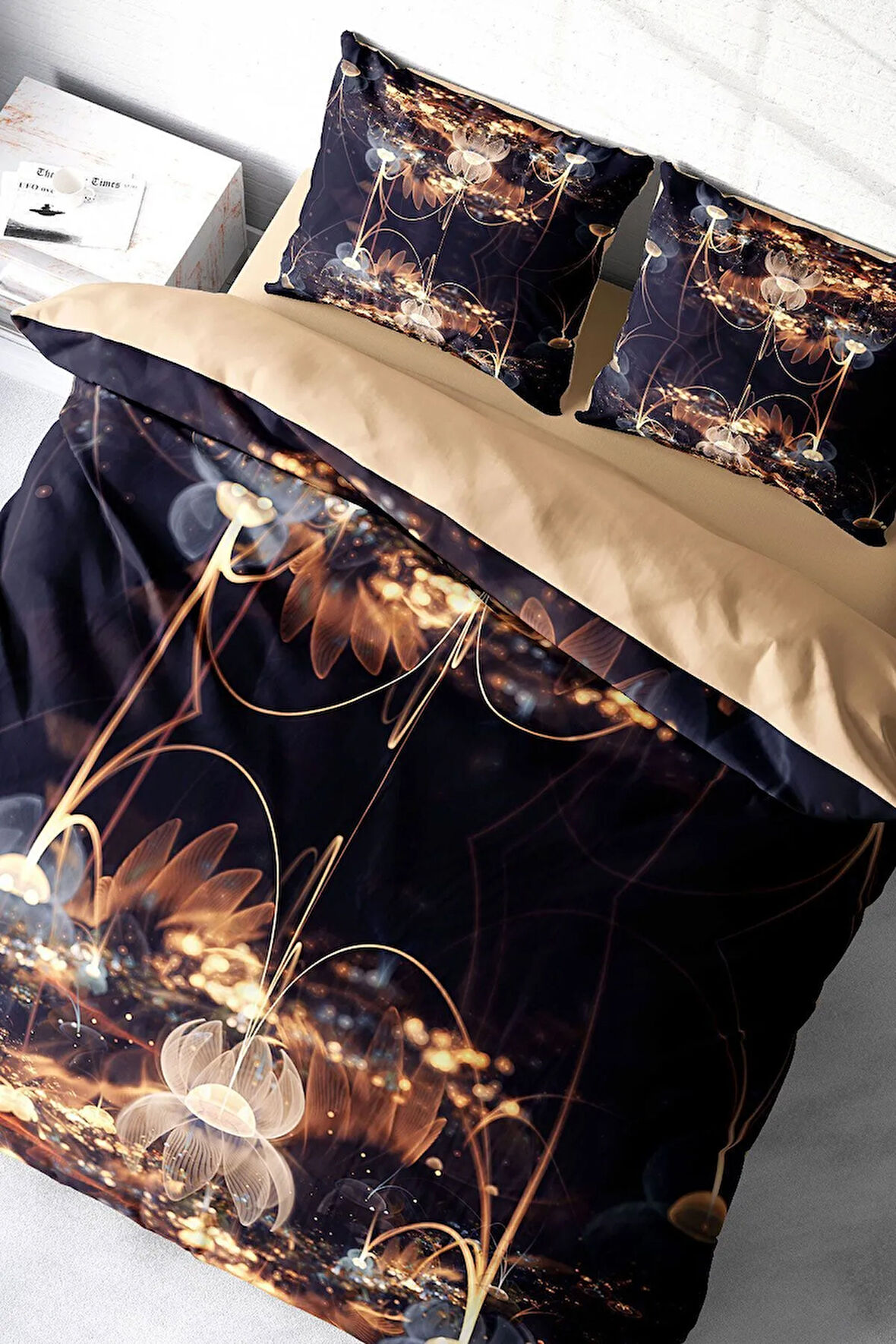 Lastikli Çarşaflı %100 Pamuk Saten Çift Kişilik Nevresim Takımı Brown Lotus