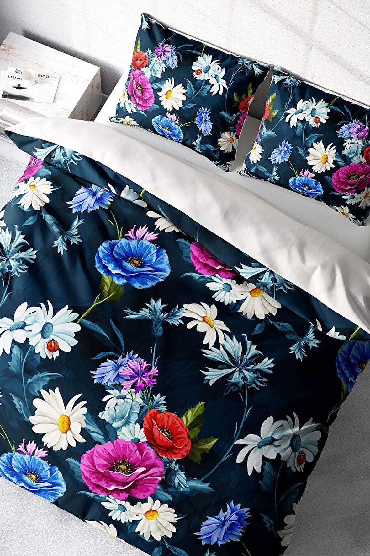 Lastikli Çarşaflı %100 Pamuk Saten Çift Kişilik Nevresim Takımı Renkli Çiçekler