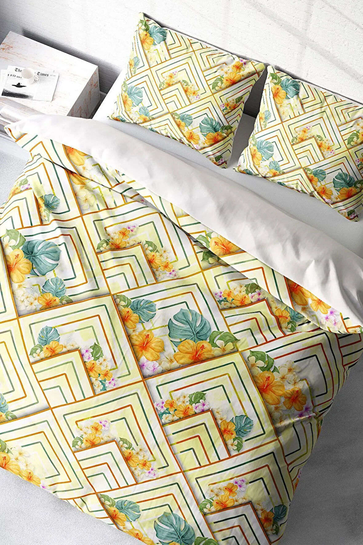 Lastikli Çarşaflı %100 Pamuk Saten Çift Kişilik Nevresim Takımı Flower Squares