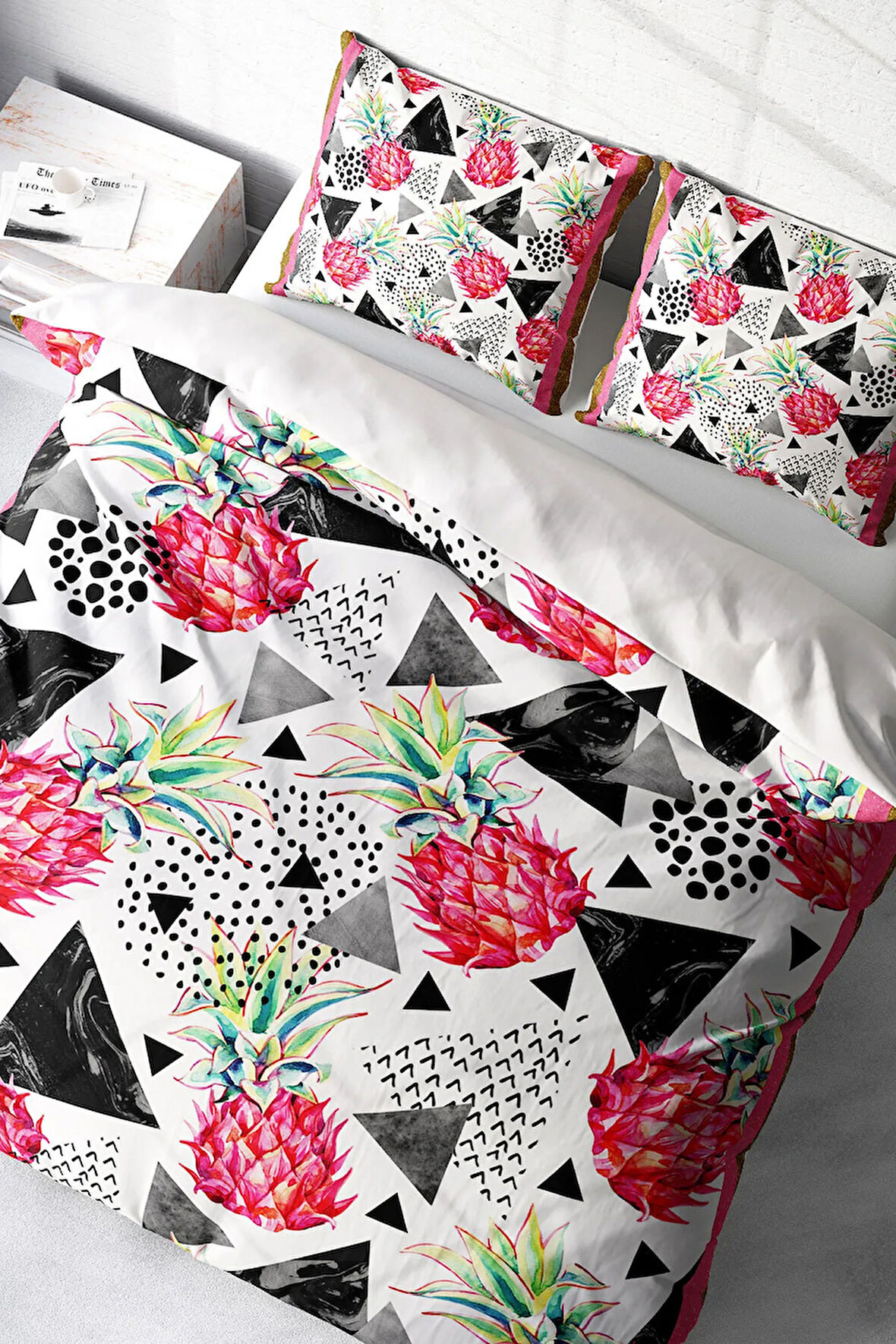 Lastikli Çarşaflı %100 Pamuk Saten Çift Kişilik Nevresim Takımı Pineapple