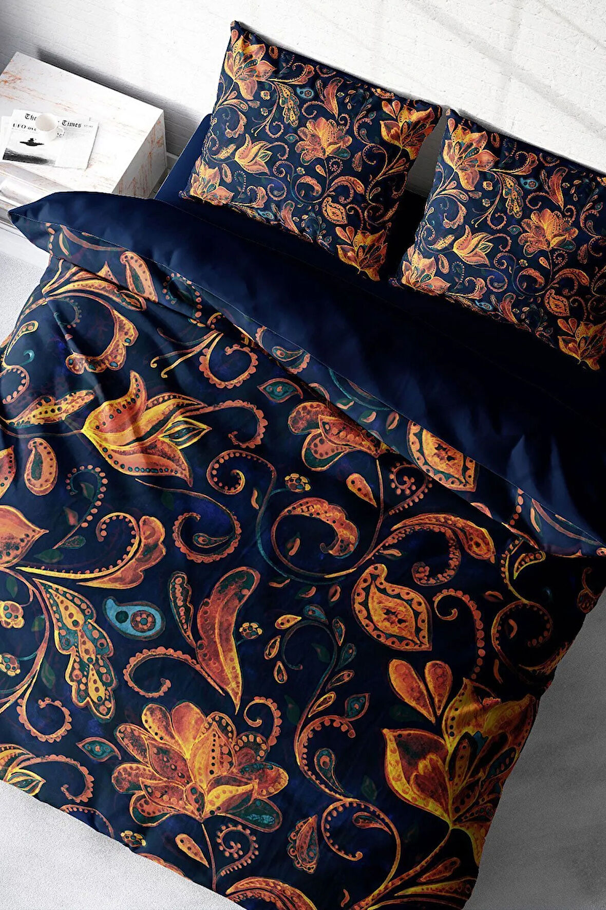 Lastikli Çarşaflı %100 Pamuk Saten Çift Kişilik Nevresim Takımı Goblen Çiçekleri