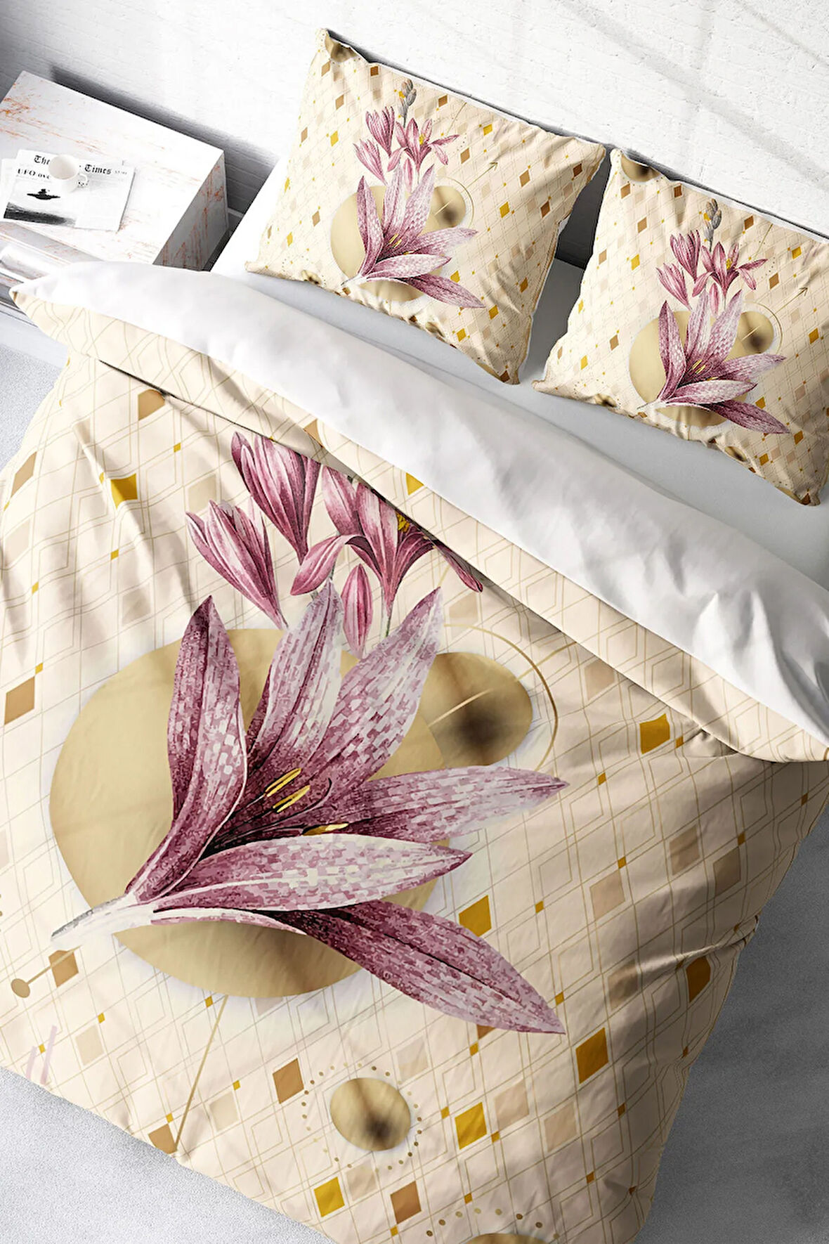 Lastikli Çarşaflı %100 Pamuk Saten Çift Kişilik Nevresim Takımı Pembe Zambak