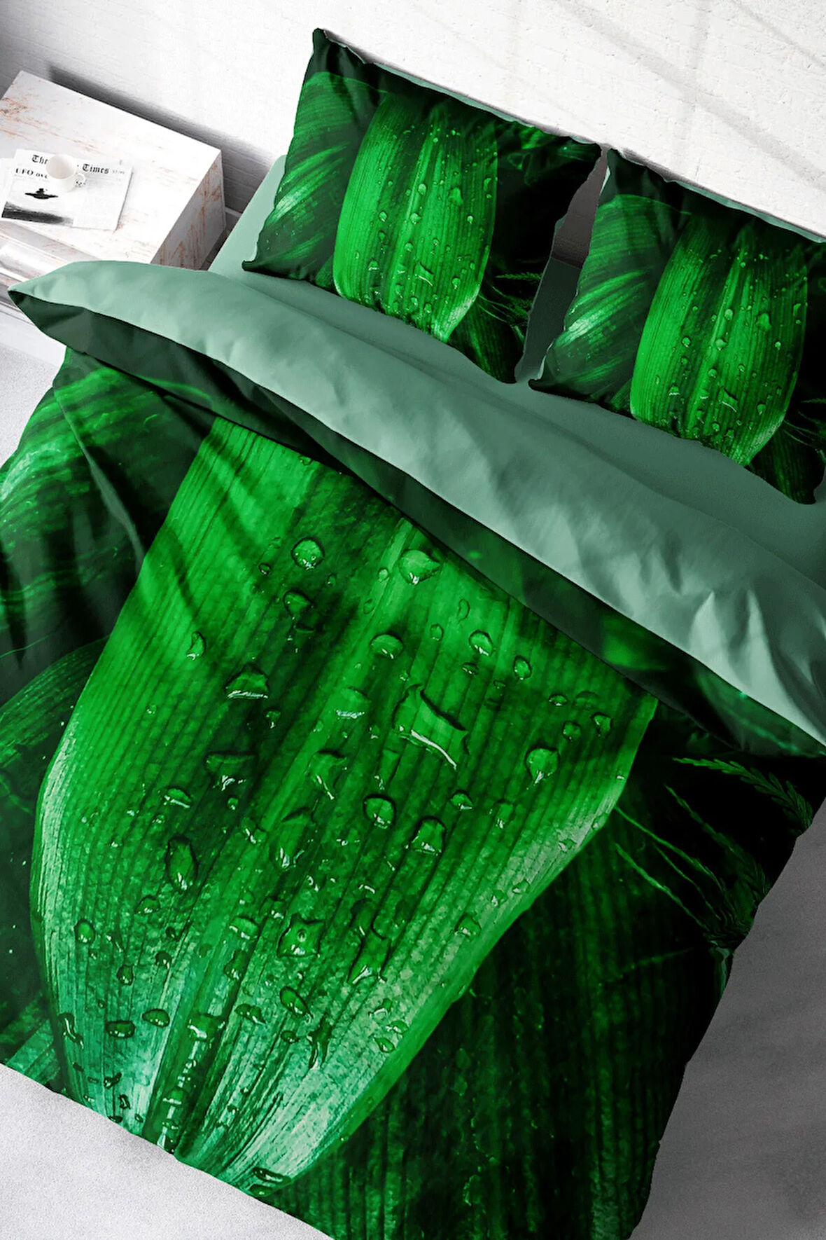 Lastikli Çarşaflı %100 Pamuk Saten Çift Kişilik Nevresim Takımı Drop Leaf