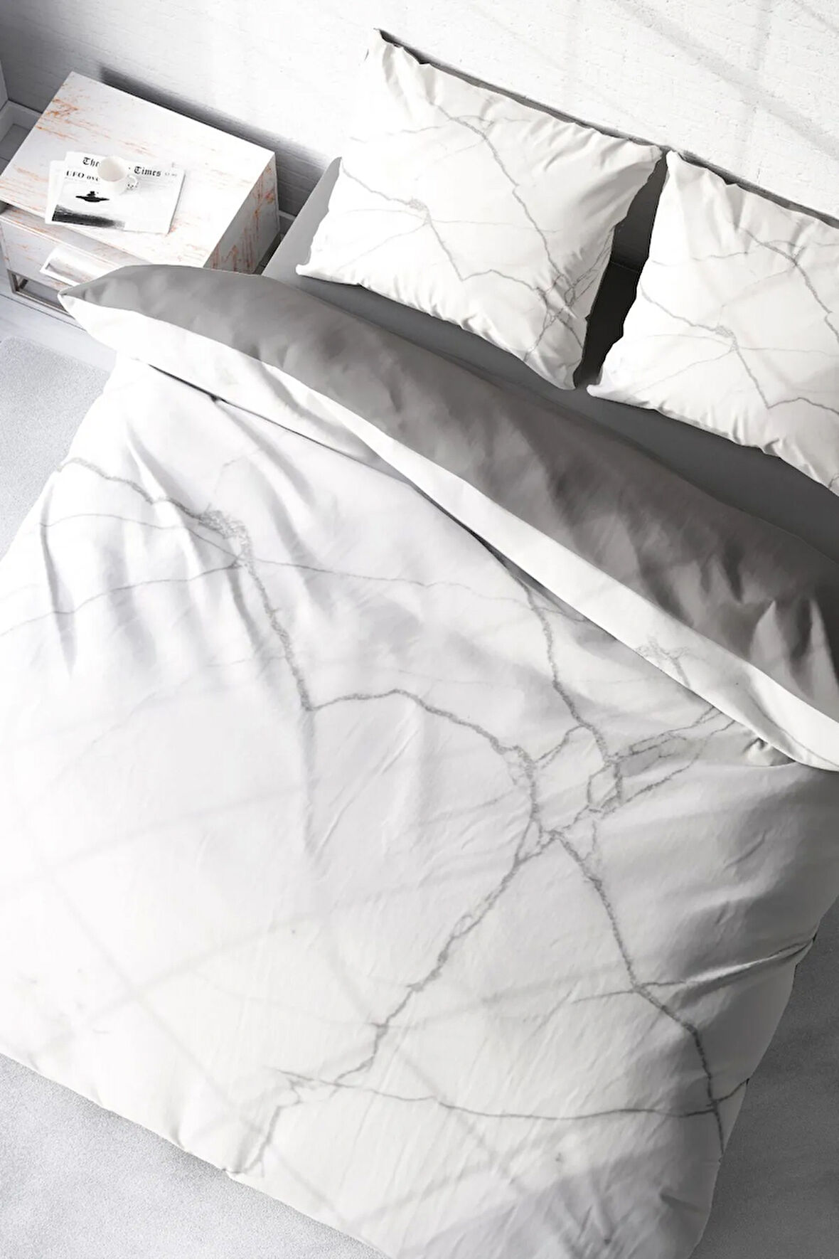 Lastikli Çarşaflı %100 Pamuk Saten Çift Kişilik Nevresim Takımı Lux Marble