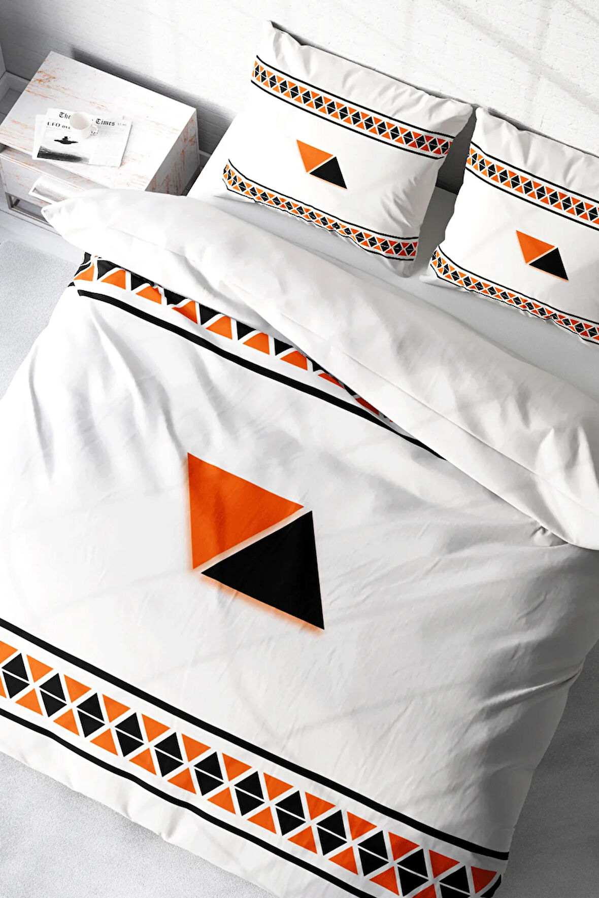 Lastikli Çarşaflı %100 Pamuk Saten Çift Kişilik Nevresim Takımı Geo