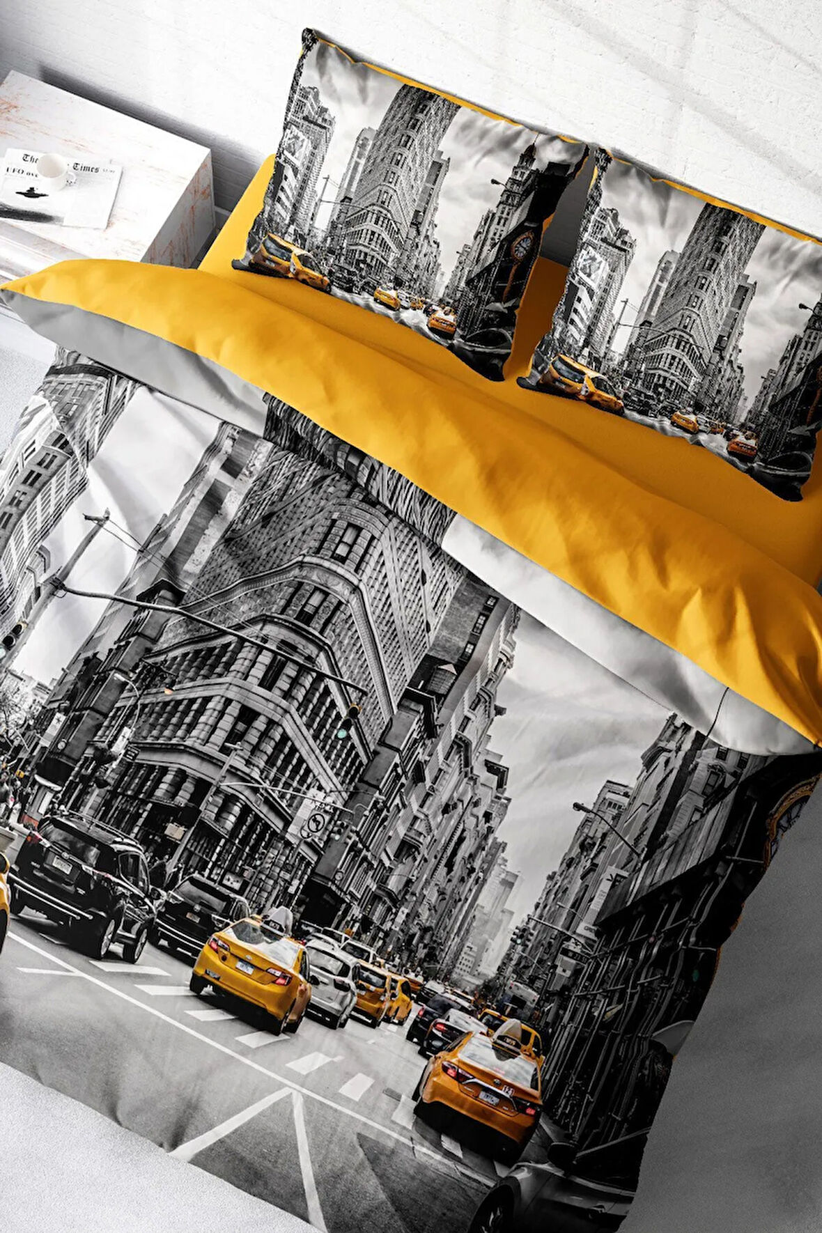 Lastikli Çarşaflı %100 Pamuk Saten Çift Kişilik Nevresim Takımı Taxi