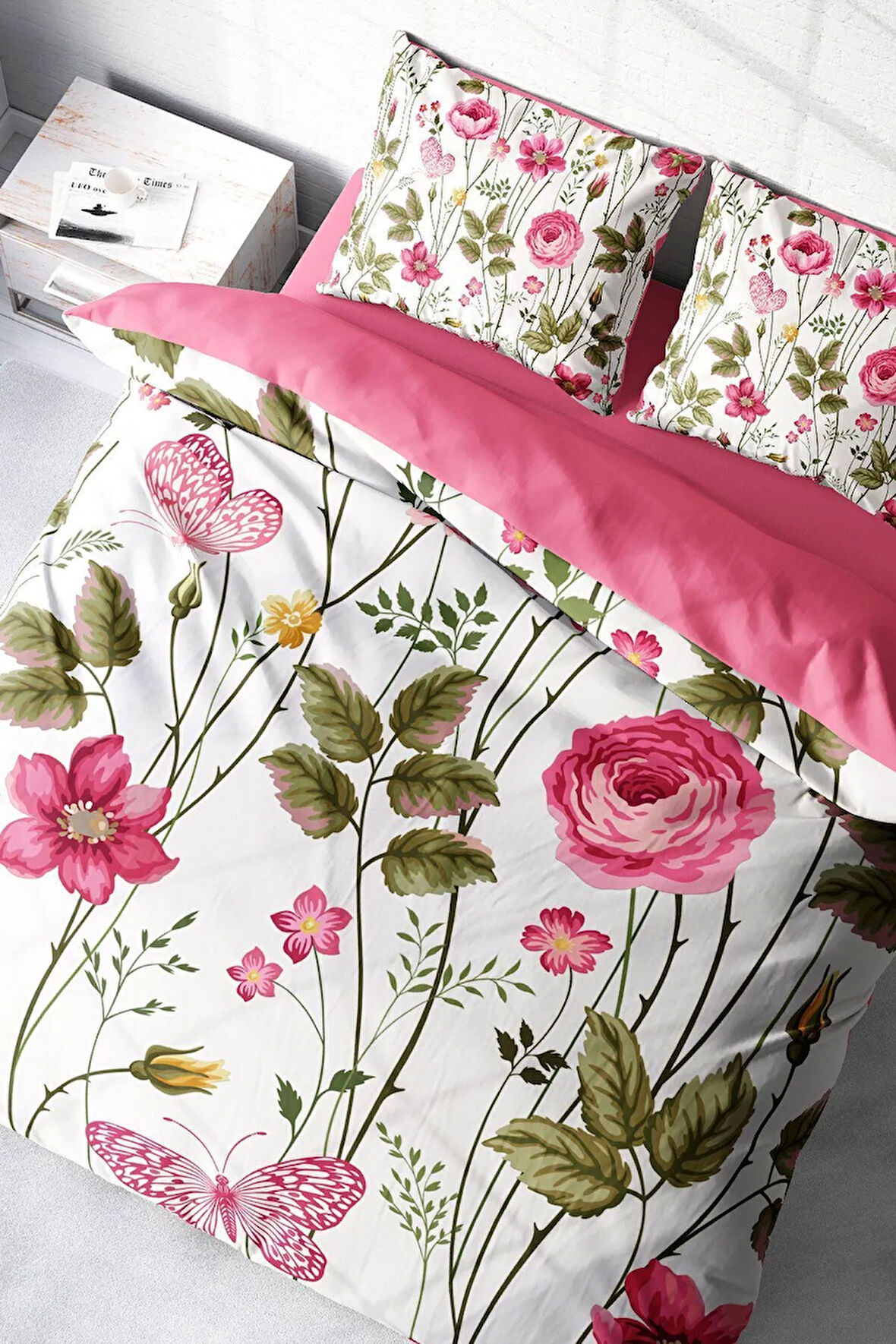 Lastikli Çarşaflı %100 Pamuk Saten Çift Kişilik Nevresim Takımı Relax Flower