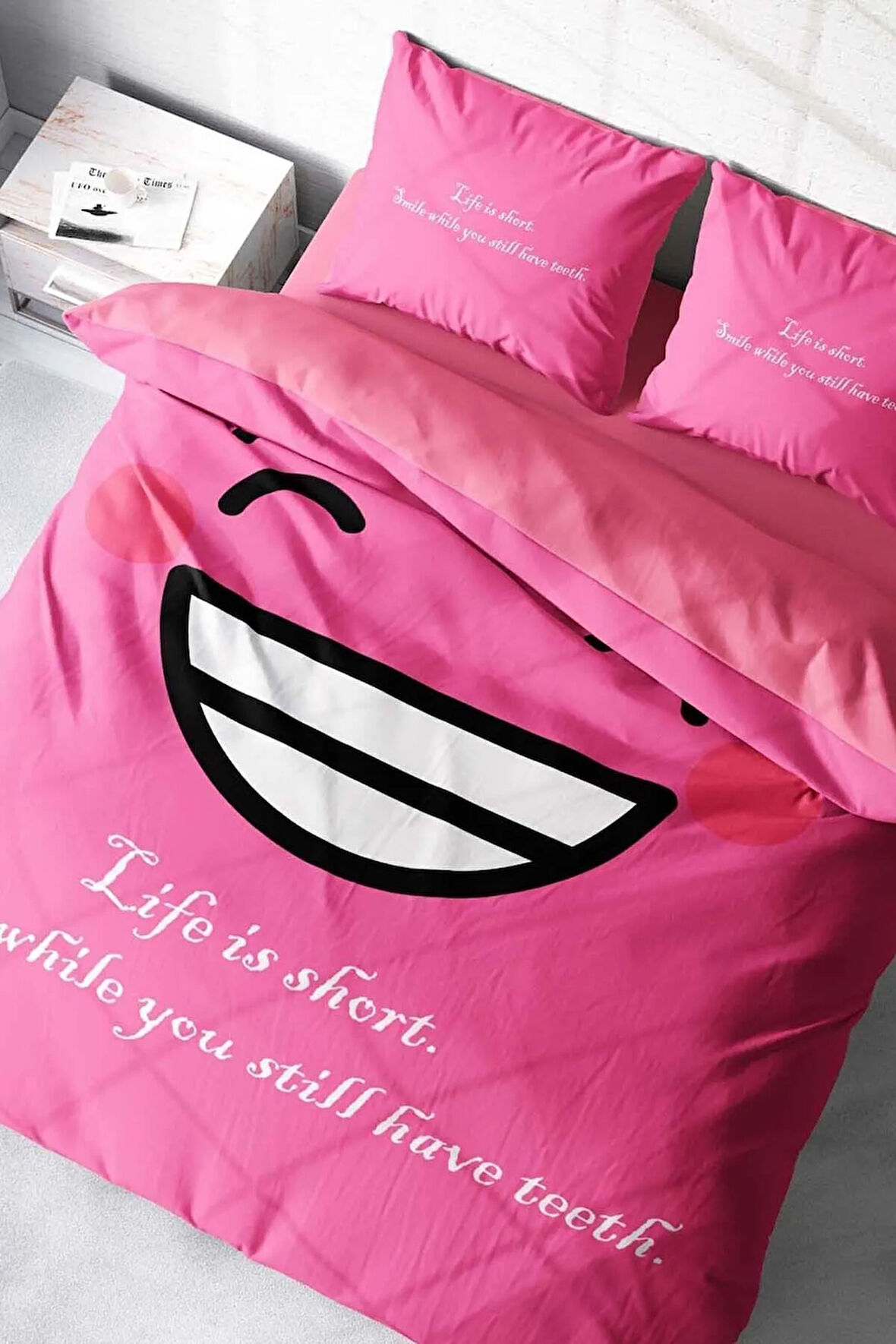 Lastikli Çarşaflı %100 Pamuk Saten Çift Kişilik Nevresim Takımı Smile Mottom