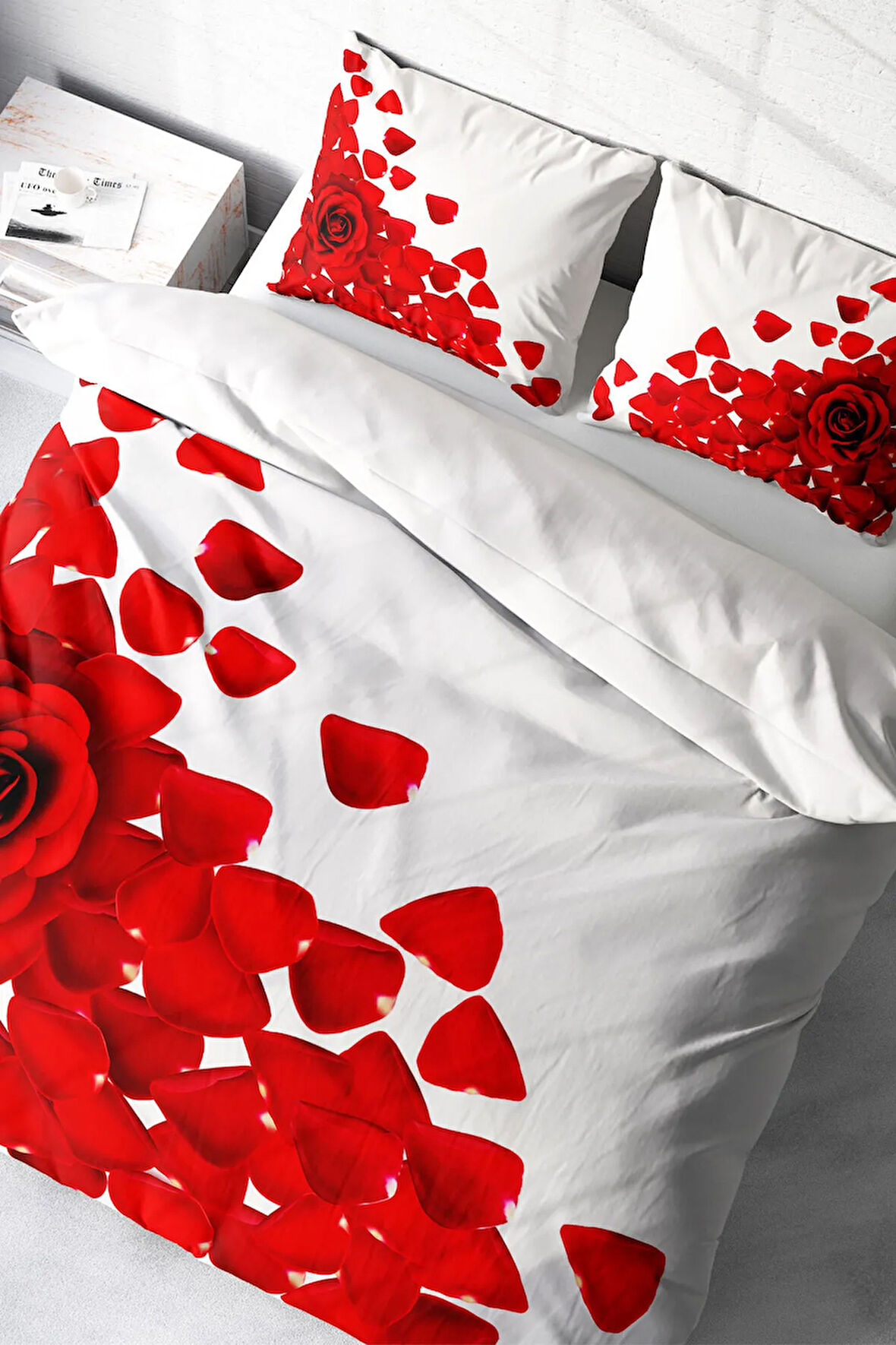 Lastikli Çarşaflı %100 Pamuk Saten Çift Kişilik Nevresim Takımı Beyaz Güller