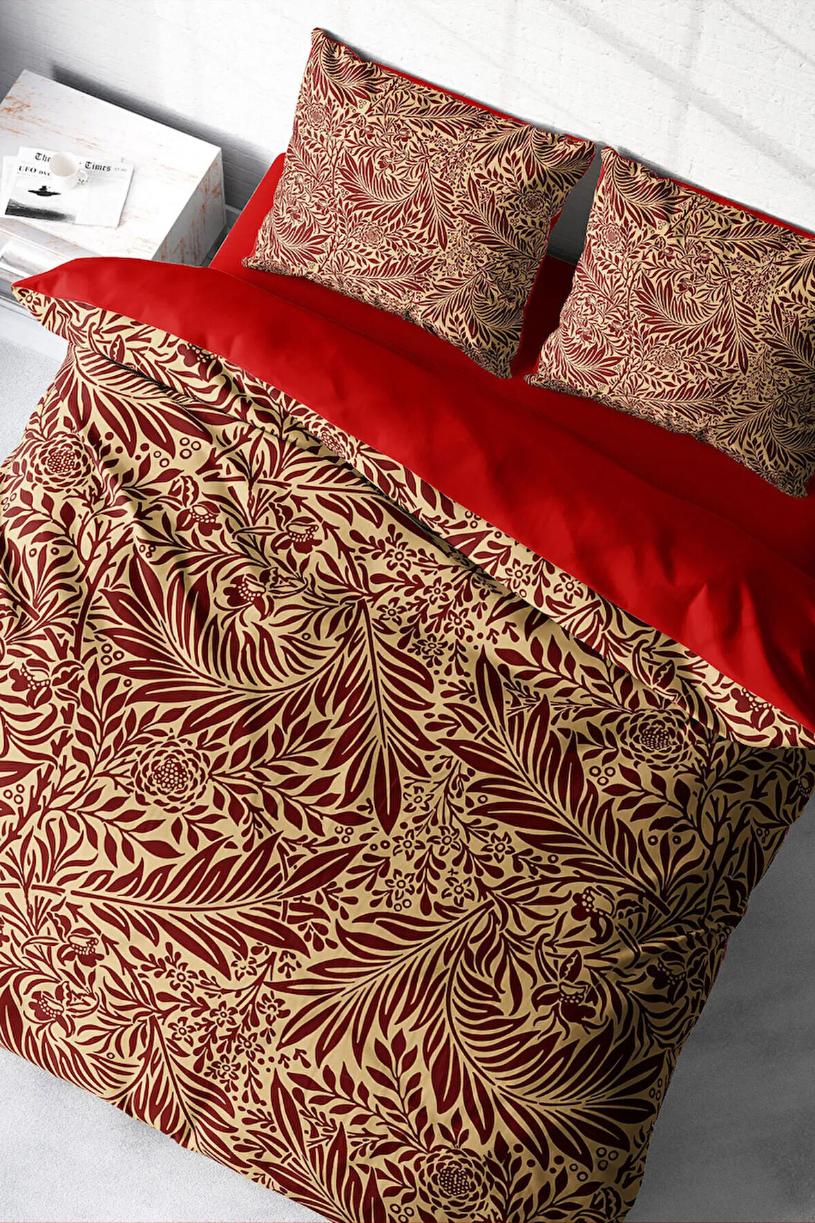 Lastikli Çarşaflı %100 Pamuk Saten Çift Kişilik Nevresim Takımı Red Leaf