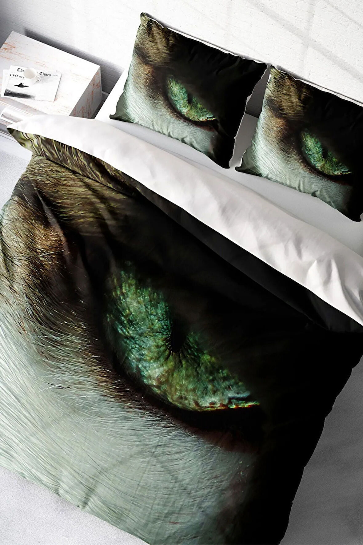 Lastikli Çarşaflı %100 Pamuk Saten Çift Kişilik Nevresim Takımı CatEye