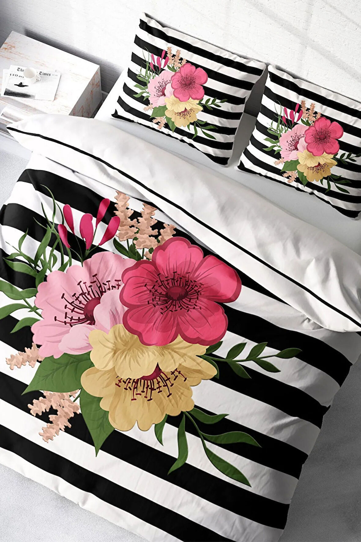 Lastikli Çarşaflı %100 Pamuk Saten Çift Kişilik Nevresim Takımı Flower Line