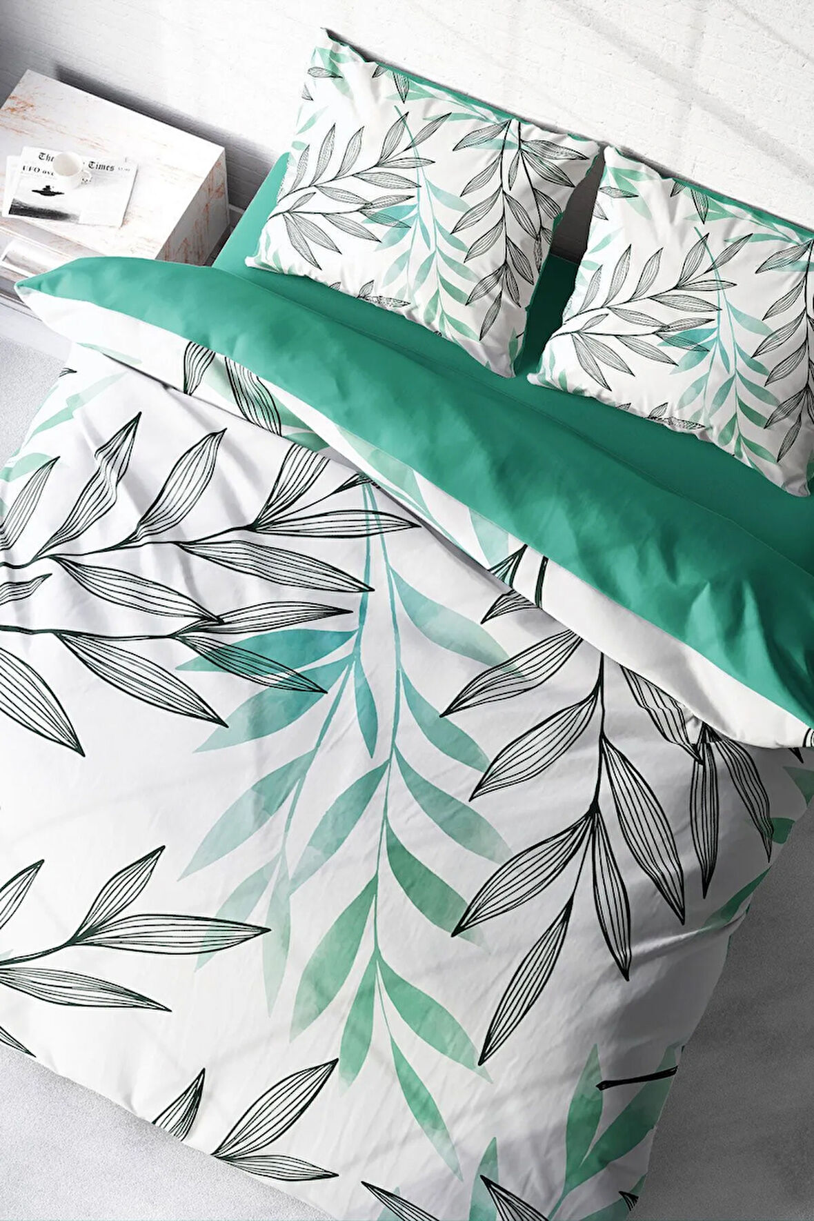 Lastikli Çarşaflı %100 Pamuk Saten Çift Kişilik Nevresim Takımı Turkuaz Tüy