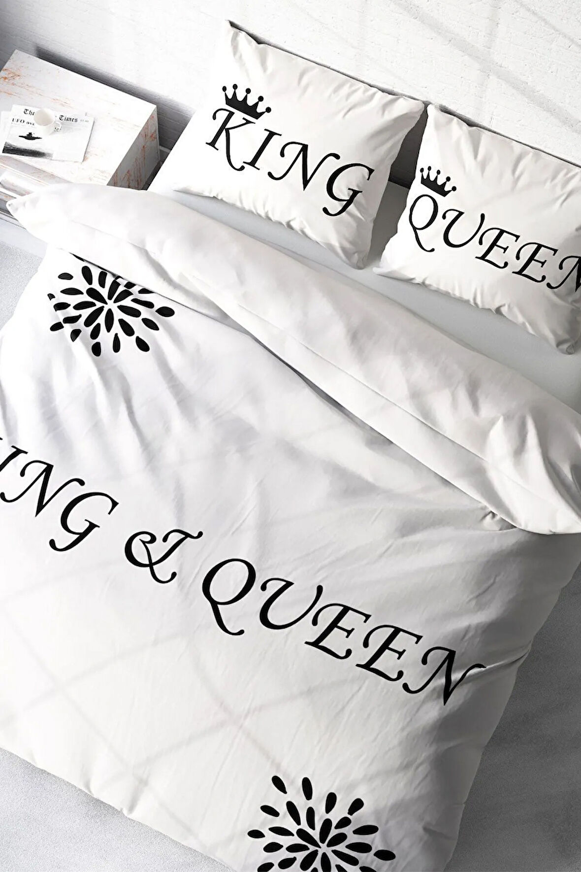 Lastikli Çarşaflı %100 Pamuk Saten Çift Kişilik Nevresim Takımı White King-Queen