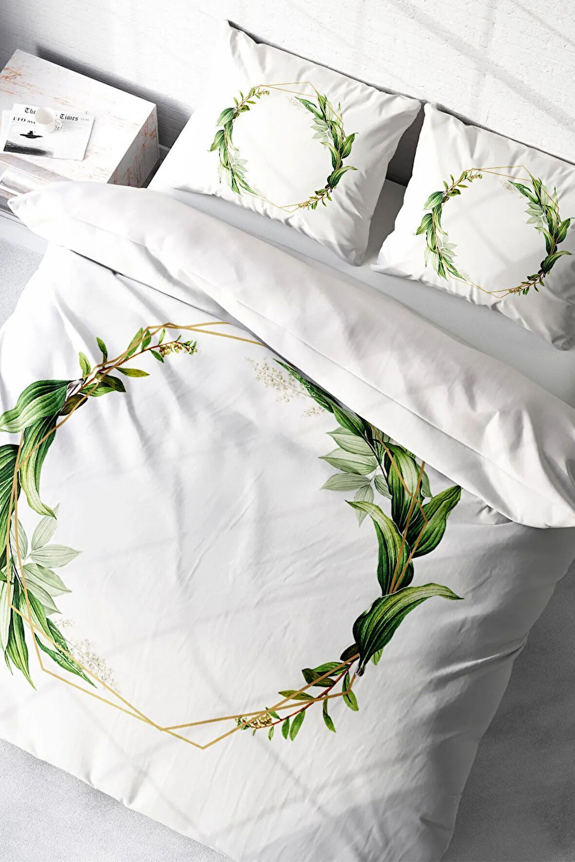 Lastikli Çarşaflı %100 Pamuk Saten Çift Kişilik Nevresim Takımı Sarmaşık