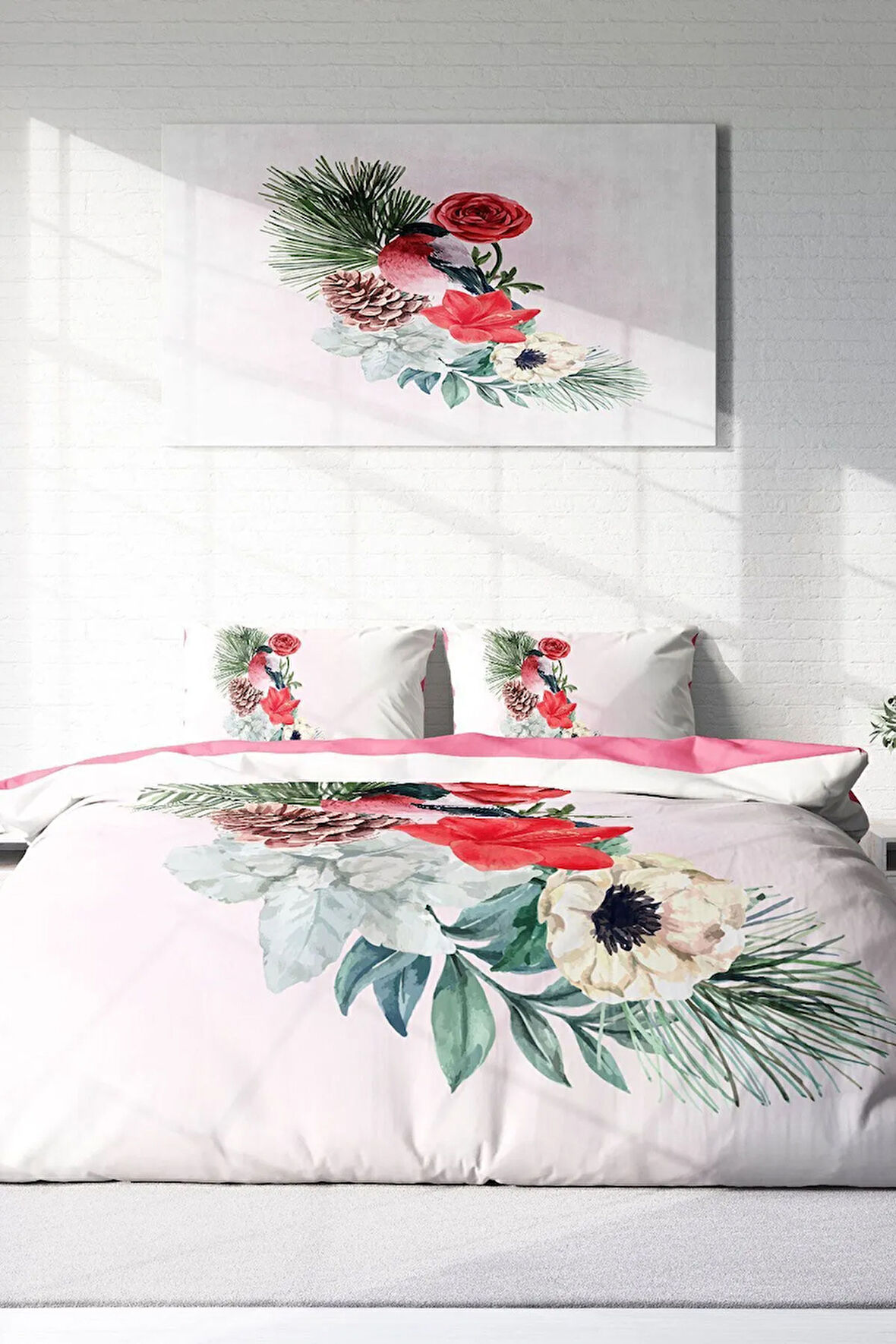 Çift Kişilik ( Lastikli Çarşaflı ) %100 Pamuk Saten Nevresim Takımı Small Birdy