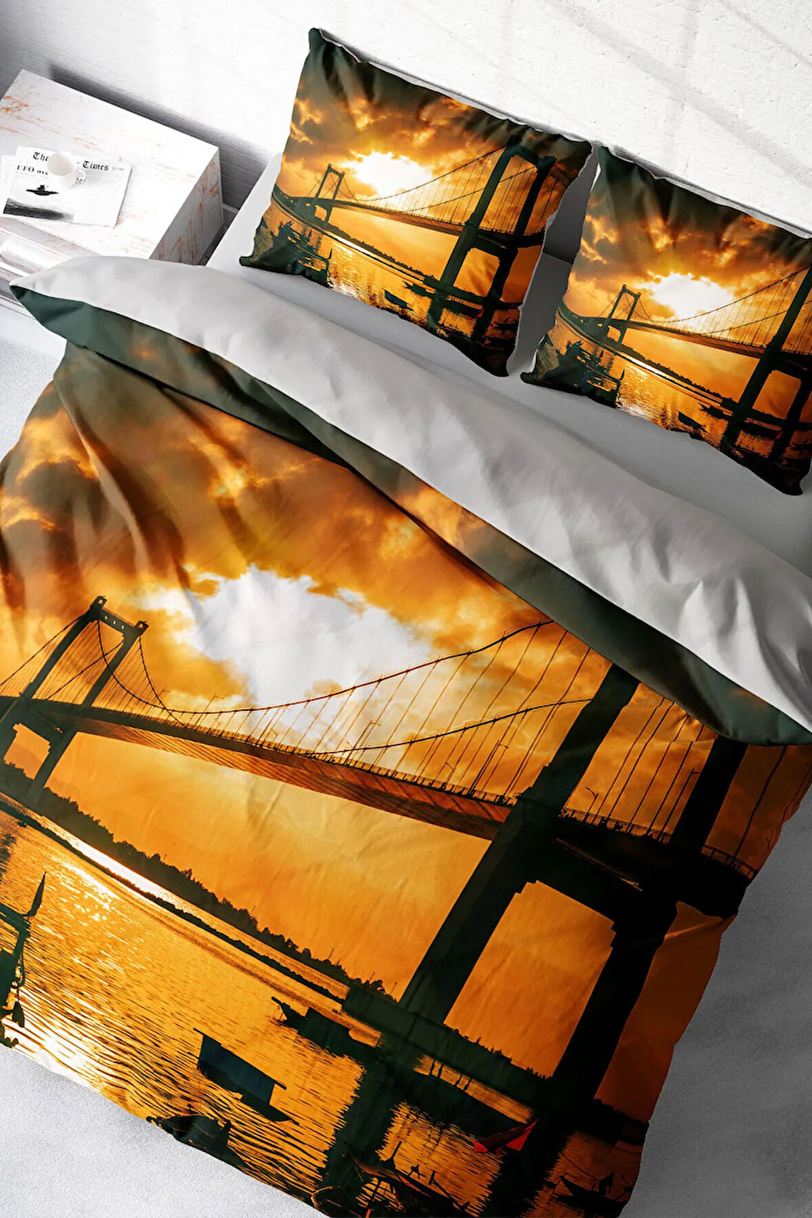 Lastikli Çarşaflı %100 Pamuk Saten Çift Kişilik Nevresim Takımı Bridge