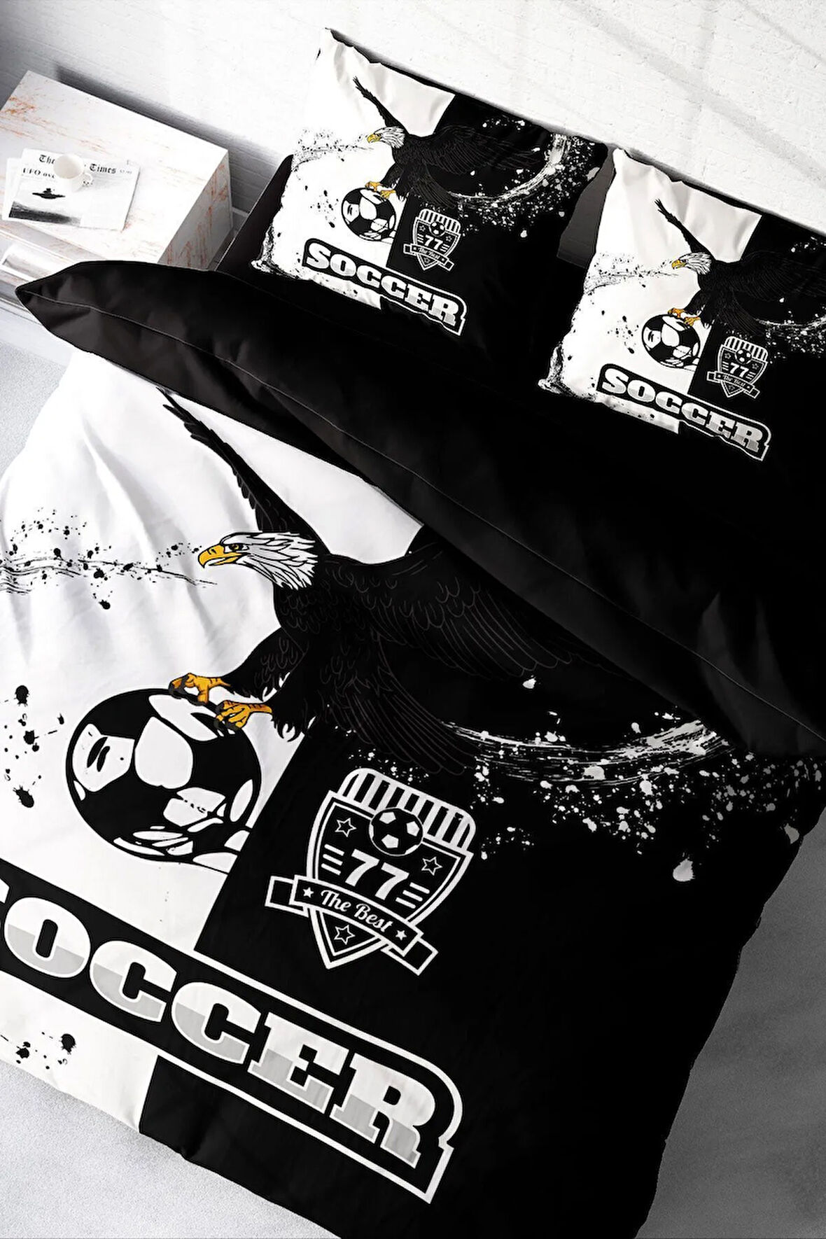 Lastikli Çarşaflı %100 Pamuk Saten Çift Kişilik Nevresim Takımı Black & White