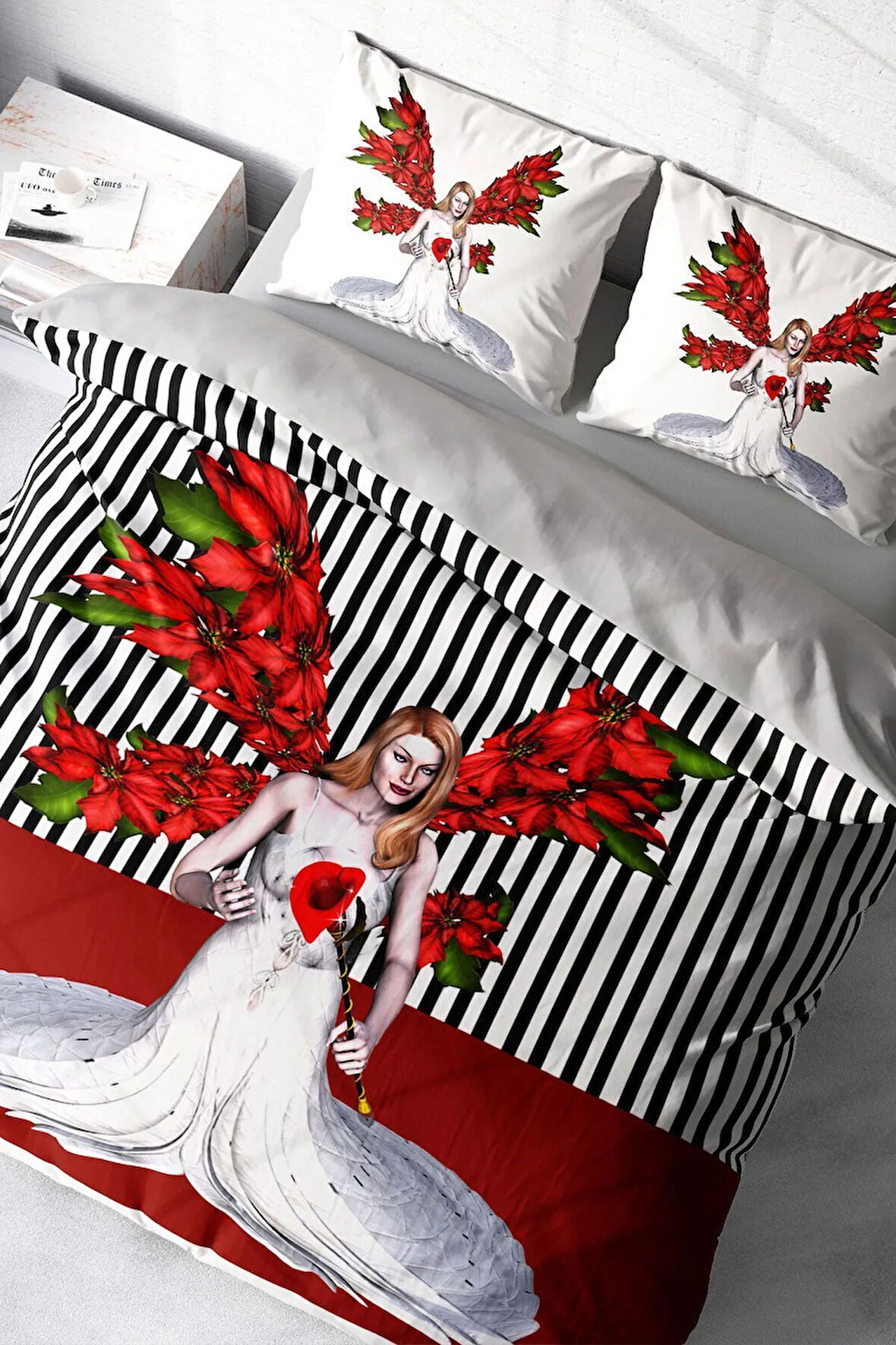 Lastikli Çarşaflı %100 Pamuk Saten Çift Kişilik Nevresim Takımı Angel Fail