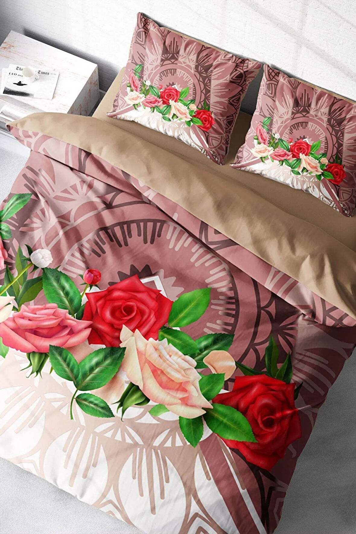 Lastikli Çarşaflı %100 Pamuk Saten Çift Kişilik Nevresim Takımı Brown & Roses