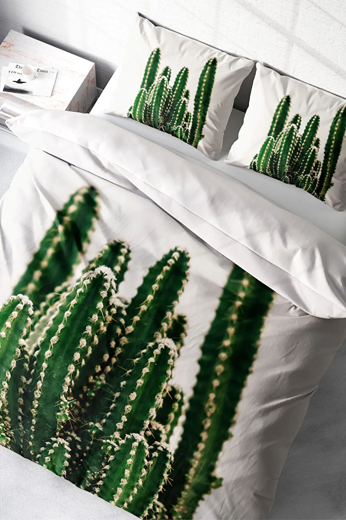 Lastikli Çarşaflı %100 Pamuk Saten Çift Kişilik Nevresim Takımı Kaktüs
