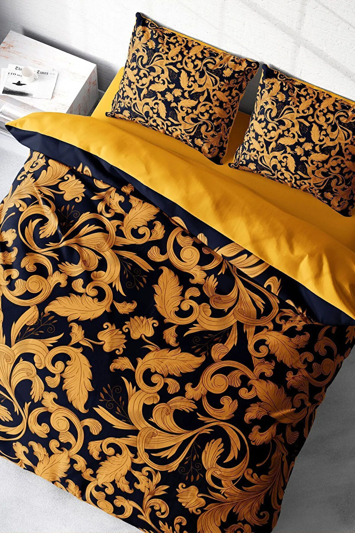 Lastikli Çarşaflı %100 Pamuk Saten Çift Kişilik Nevresim Takımı Gold Floral