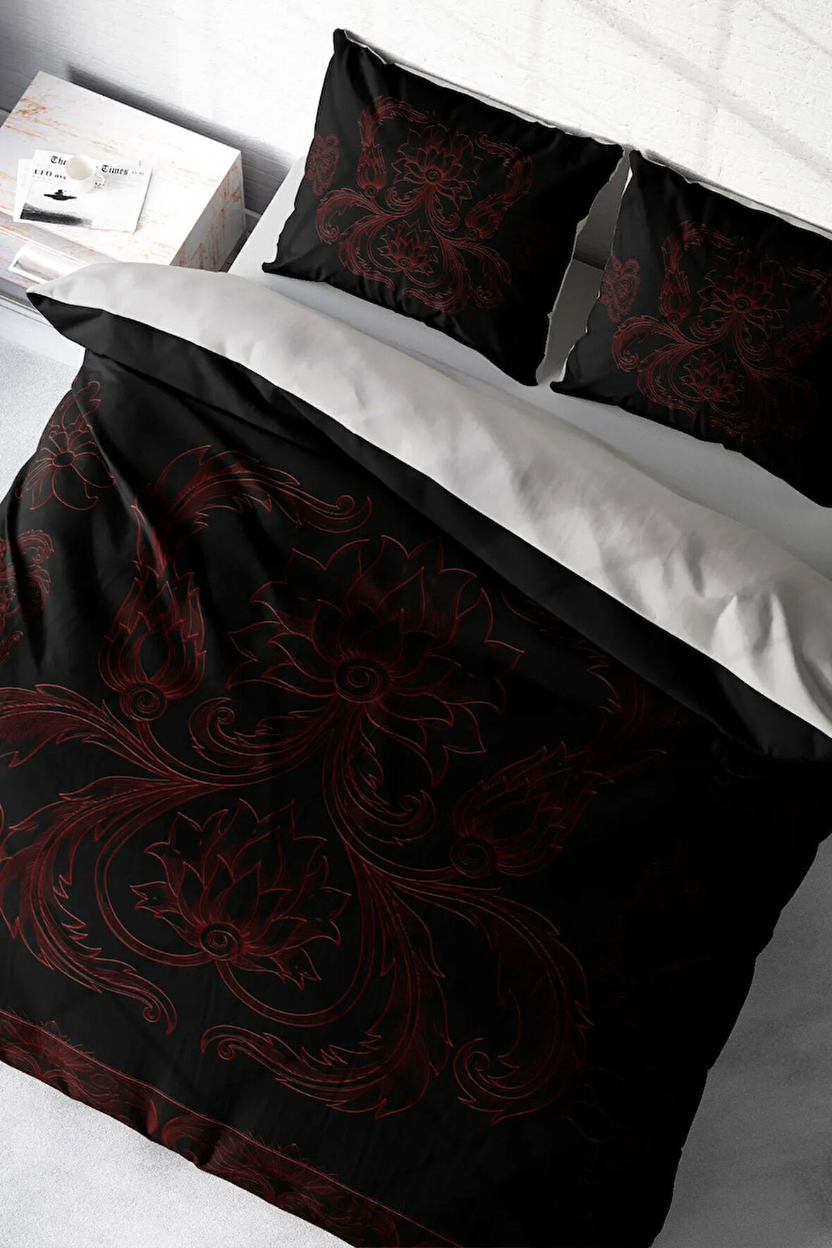 Lastikli Çarşaflı %100 Pamuk Saten Çift Kişilik Nevresim Takımı Black Baroque