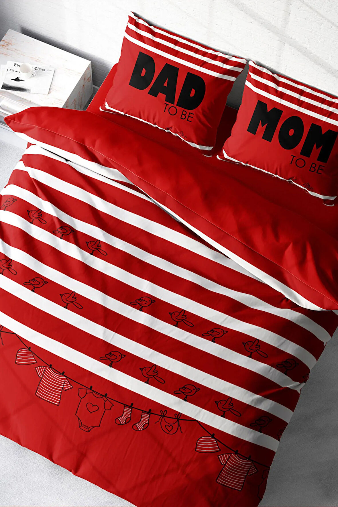 Lastikli Çarşaflı %100 Pamuk Saten Çift Kişilik Nevresim Takımı Mom & Dad