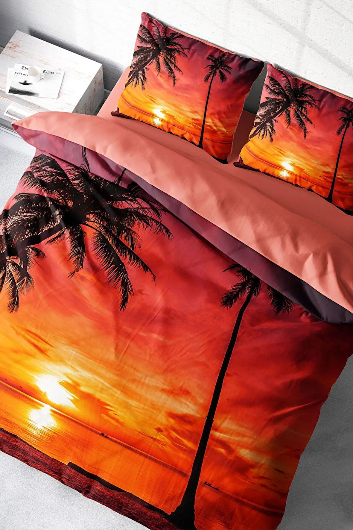 Lastikli Çarşaflı %100 Pamuk Saten Çift Kişilik Nevresim Takımı Gun Batımı
