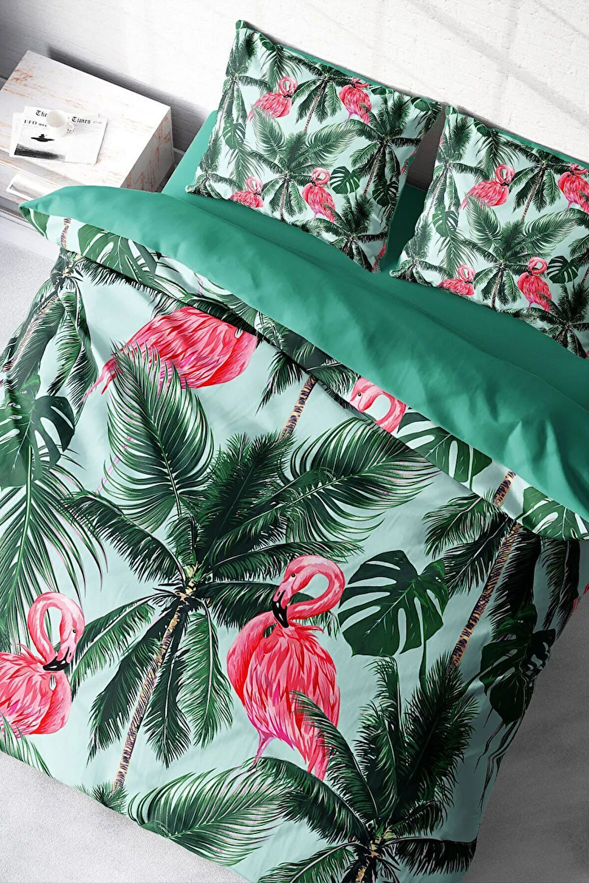 Lastikli Çarşaflı %100 Pamuk Saten Çift Kişilik Nevresim Takımı Flamingo II