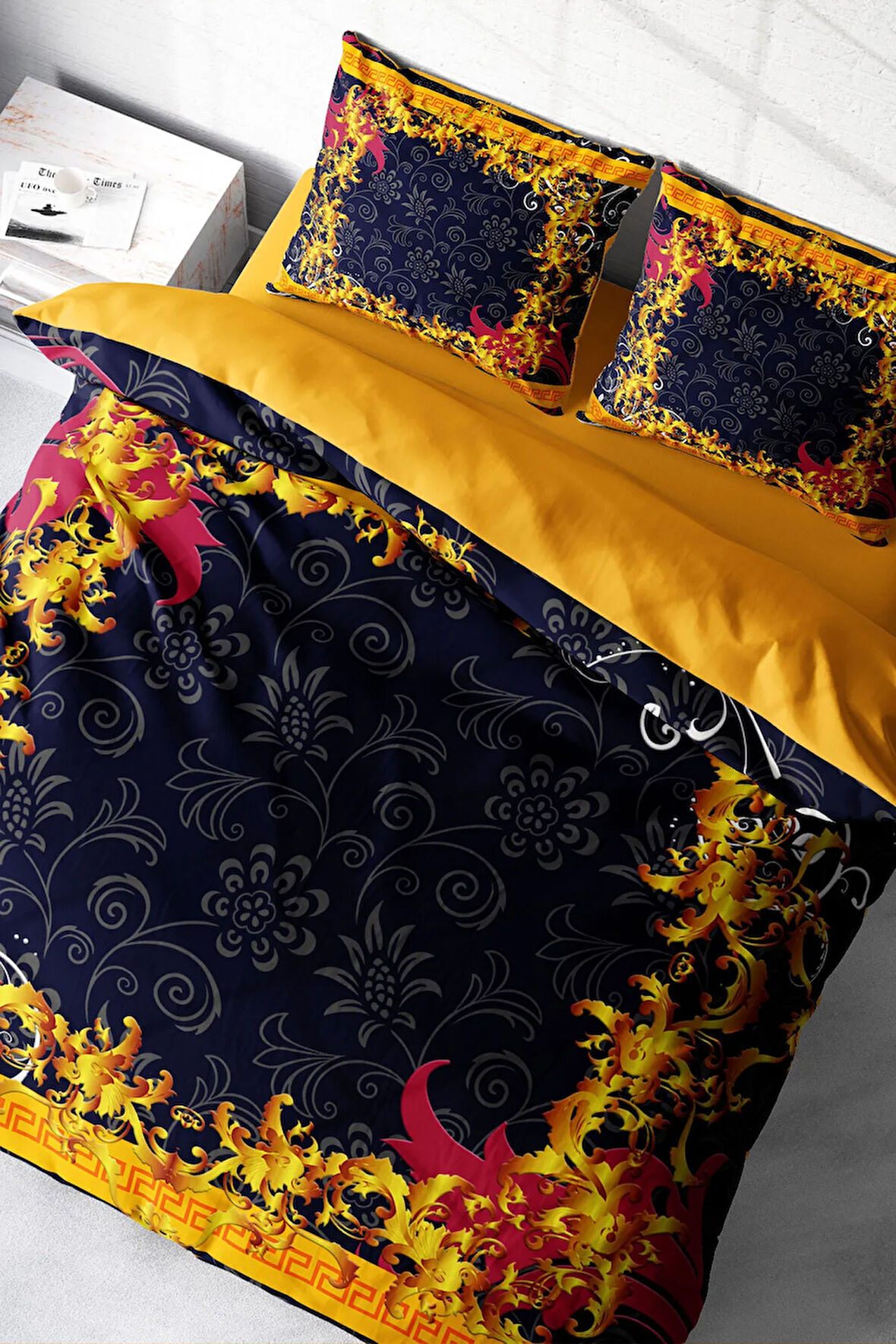 Lastikli Çarşaflı %100 Pamuk Saten Çift Kişilik Nevresim Takımı Golden Baraque