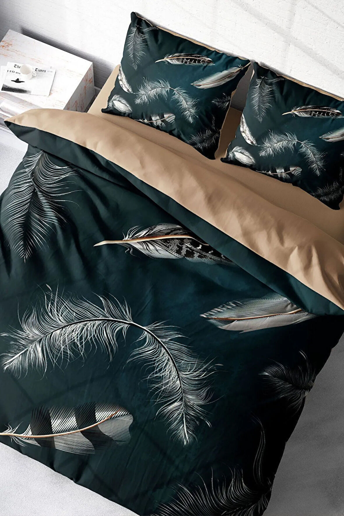 Lastikli Çarşaflı %100 Pamuk Saten Çift Kişilik Nevresim Takımı Black Feather