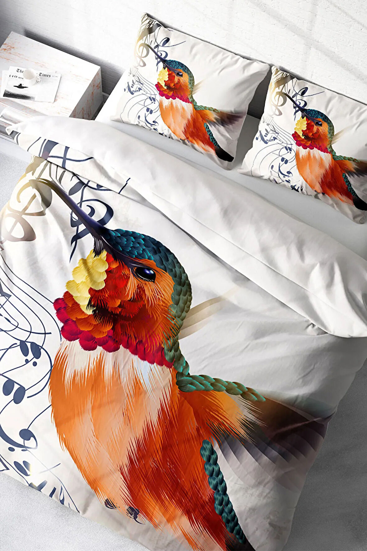 Lastikli Çarşaflı %100 Pamuk Saten Çift Kişilik Nevresim Takımı Alaycı Kuş