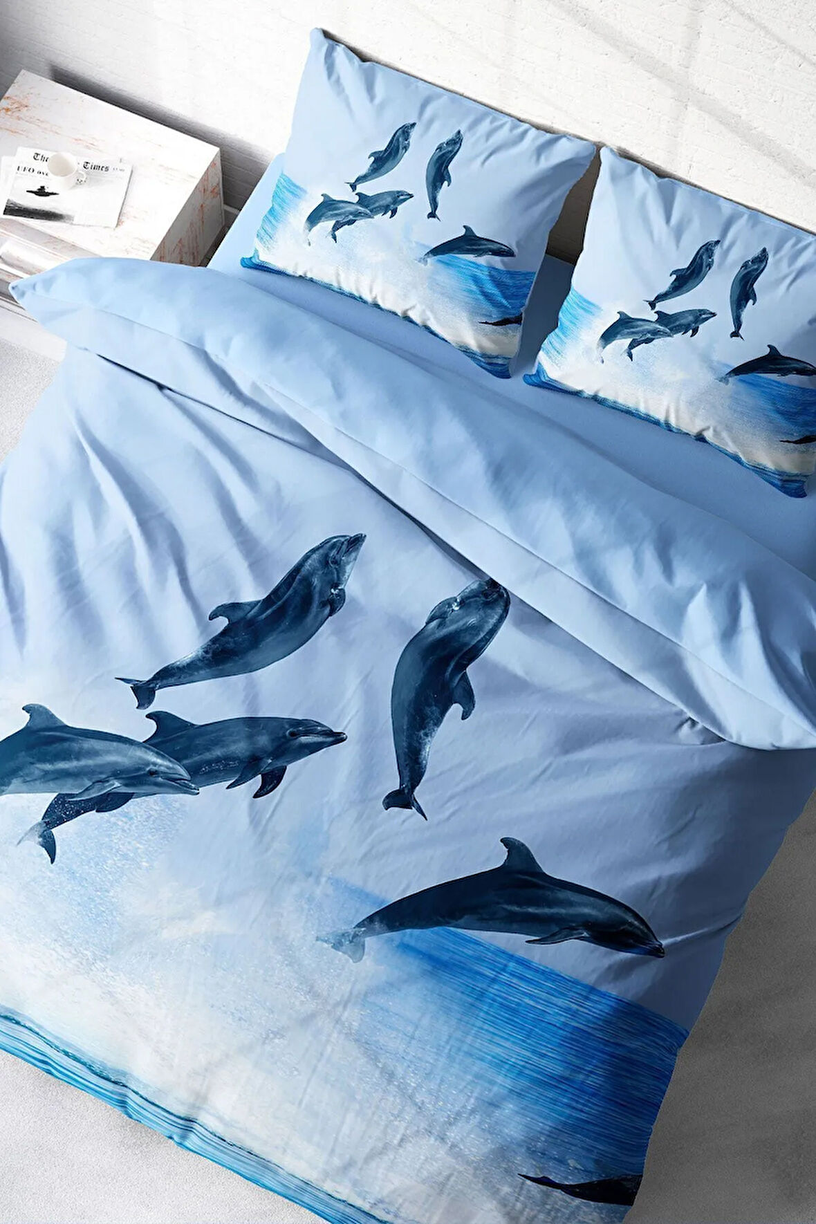 Lastikli Çarşaflı %100 Pamuk Saten Çift Kişilik Nevresim Takımı Dolphin2
