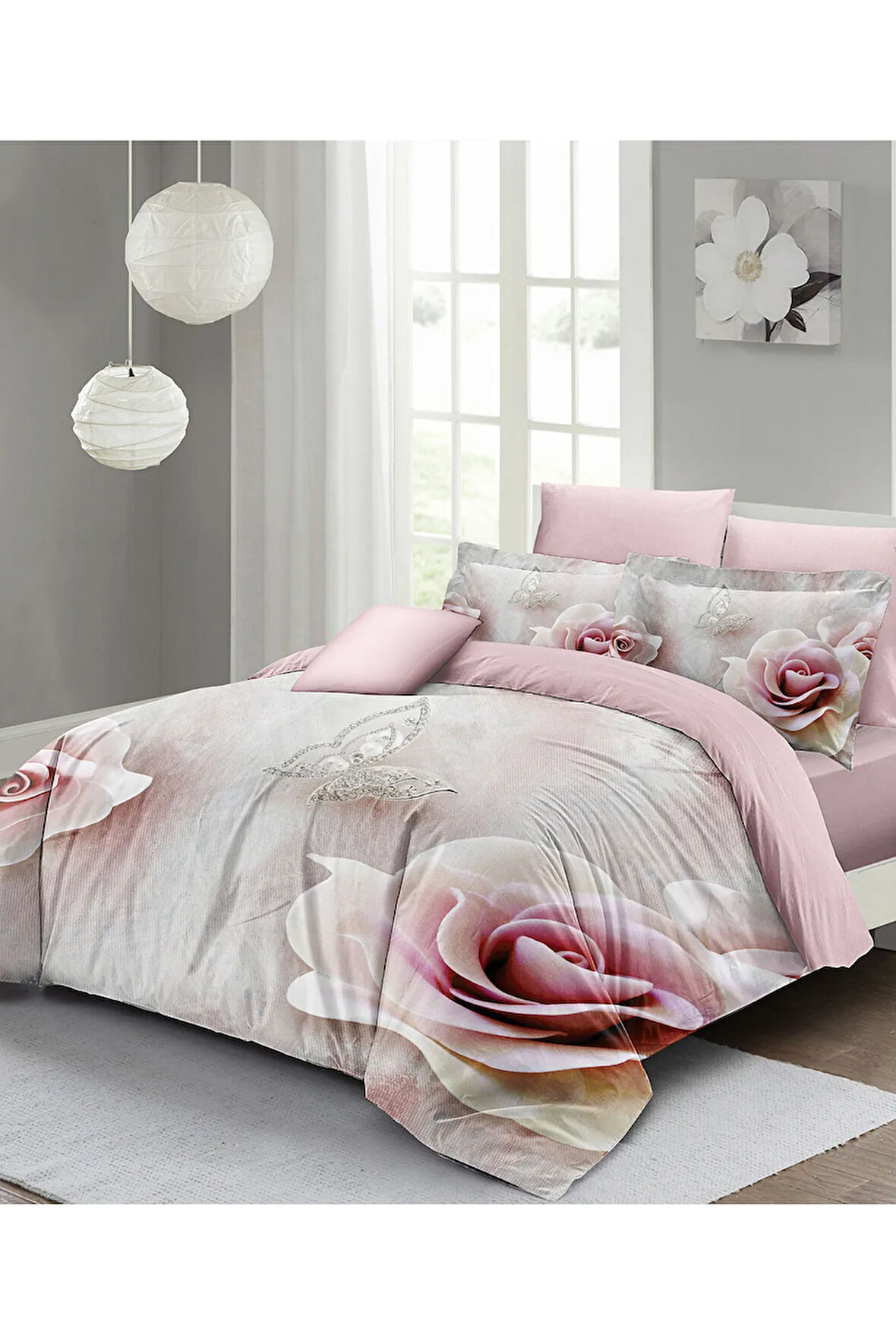 Lastikli Çarşaflı %100 Pamuk Saten Çift Kişilik Nevresim Takımı WildRose