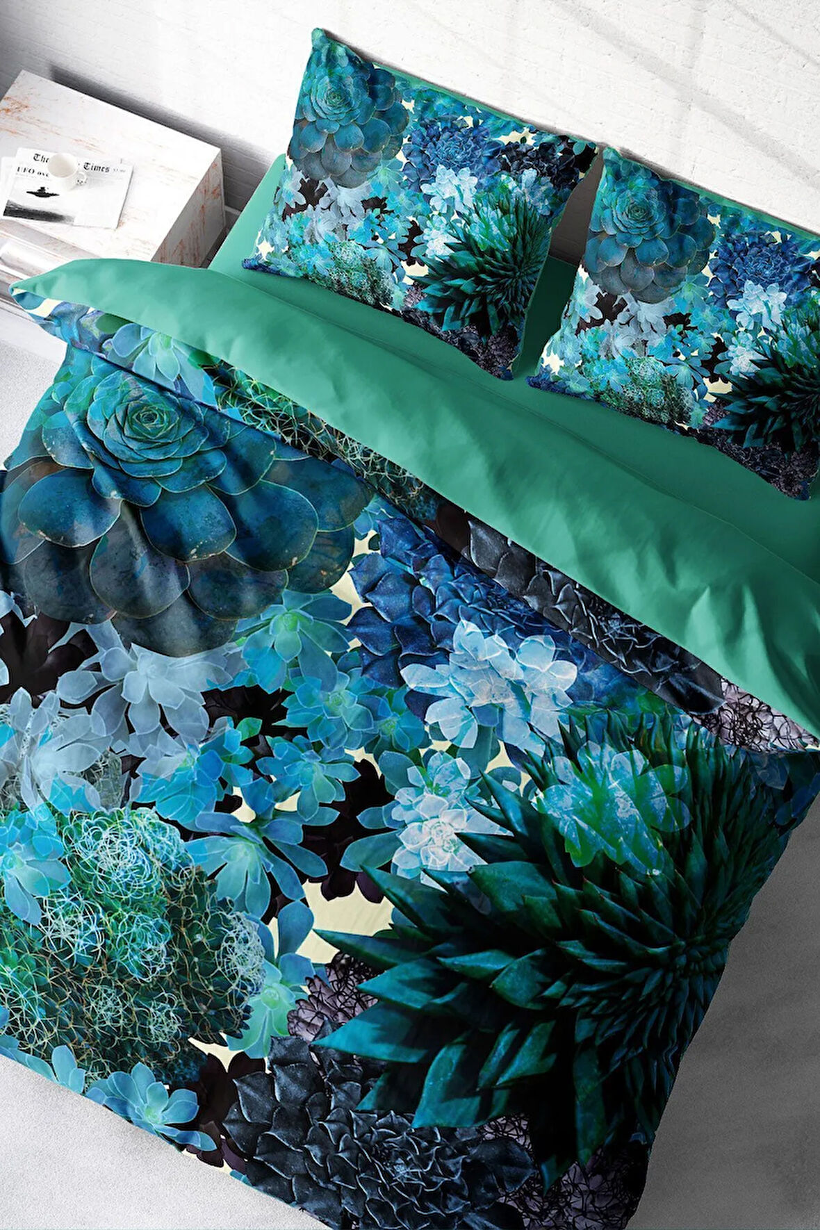 Lastikli Çarşaflı %100 Pamuk Saten Çift Kişilik Nevresim Takımı Deep Akvaryum