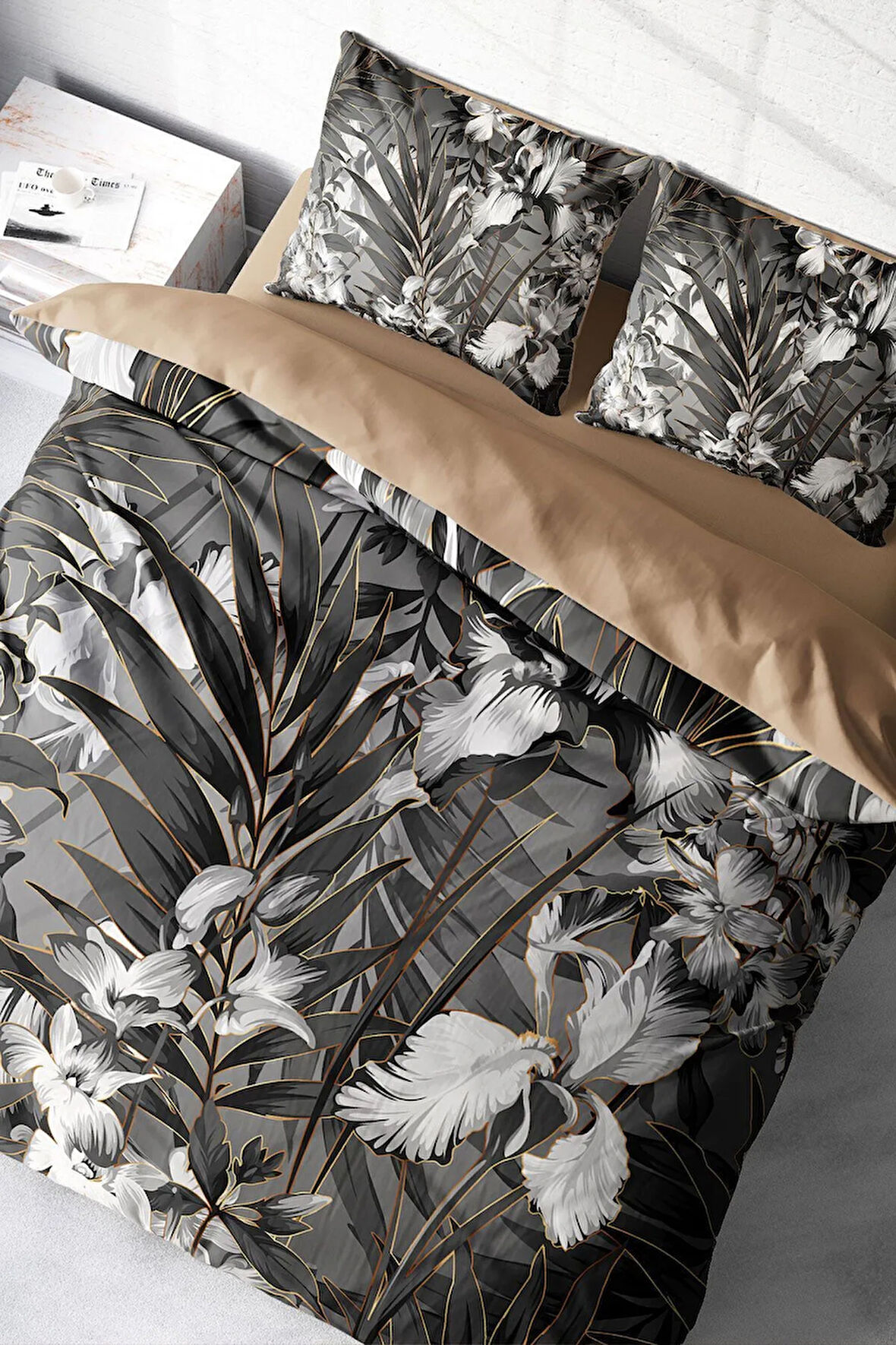 Lastikli Çarşaflı %100 Pamuk Saten Çift Kişilik Nevresim Takımı Gray Casual